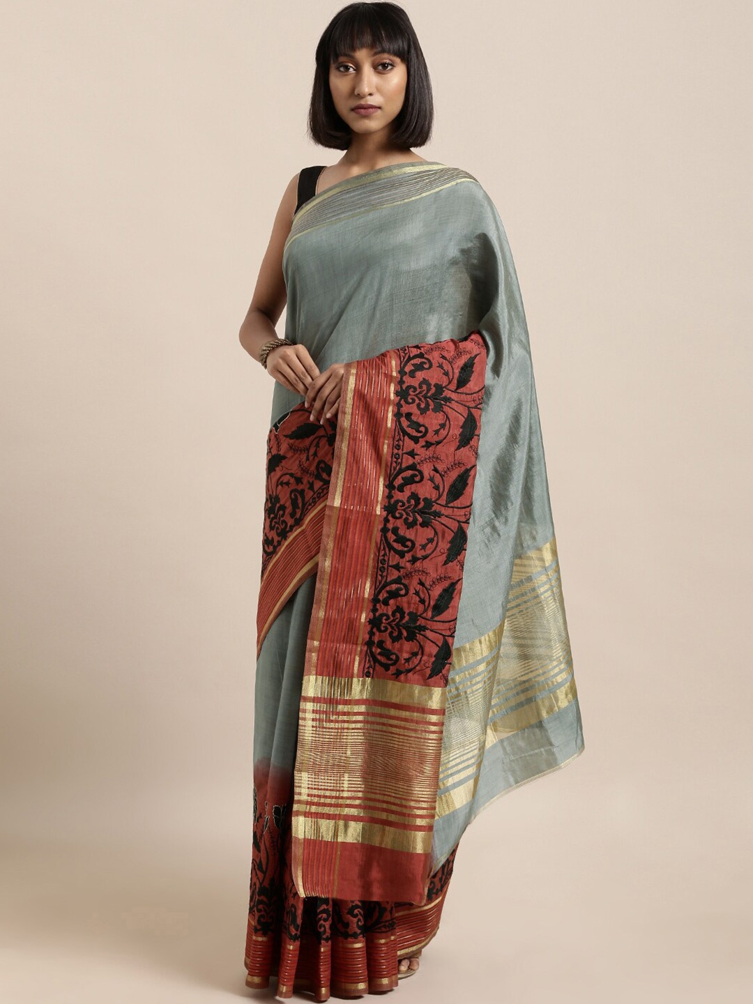 

KALINI Floral Embroidered Zari Saree, Grey