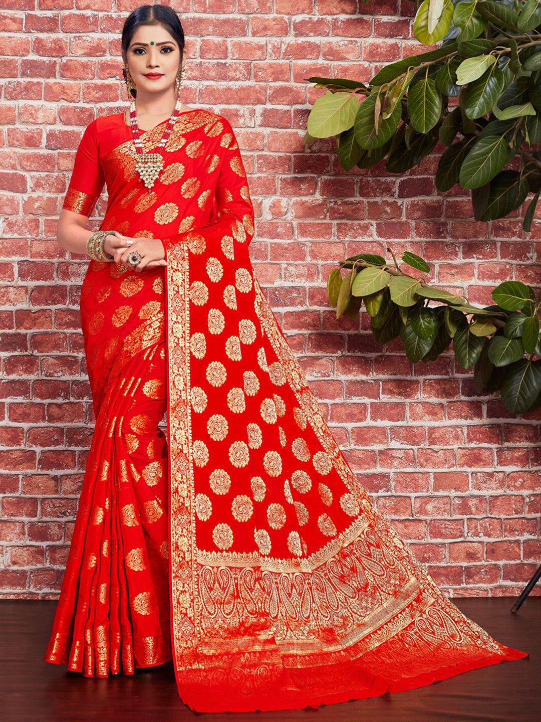 

KALINI Ethnic Motif Woven Design Zari Saree, Red