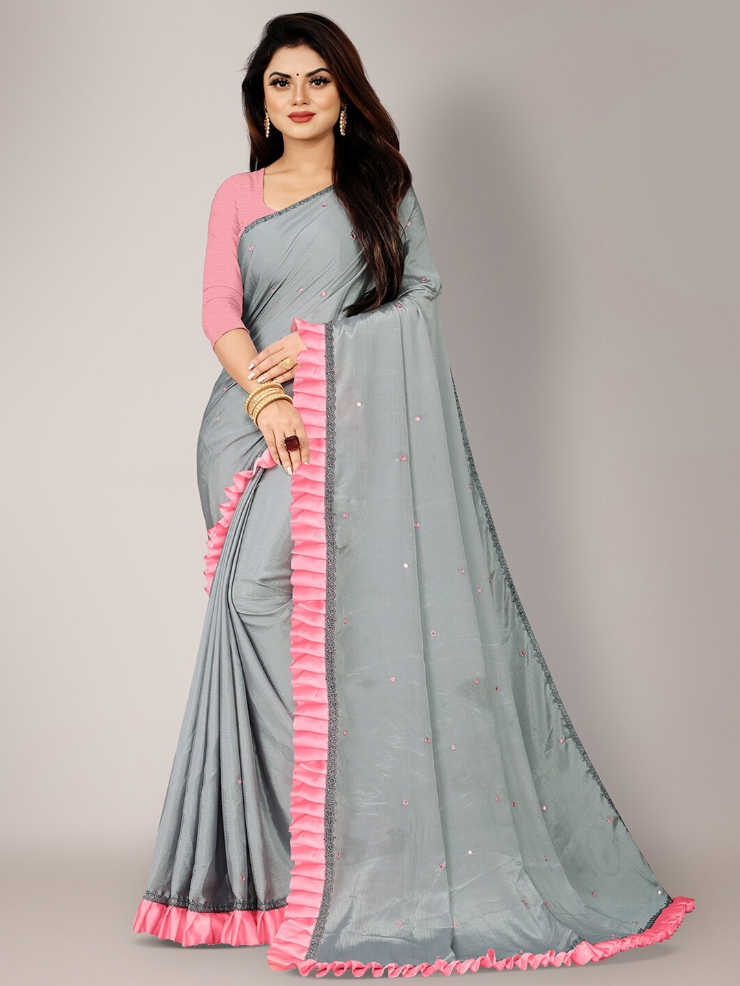

KALINI Embellished Ruffles Saree, Grey