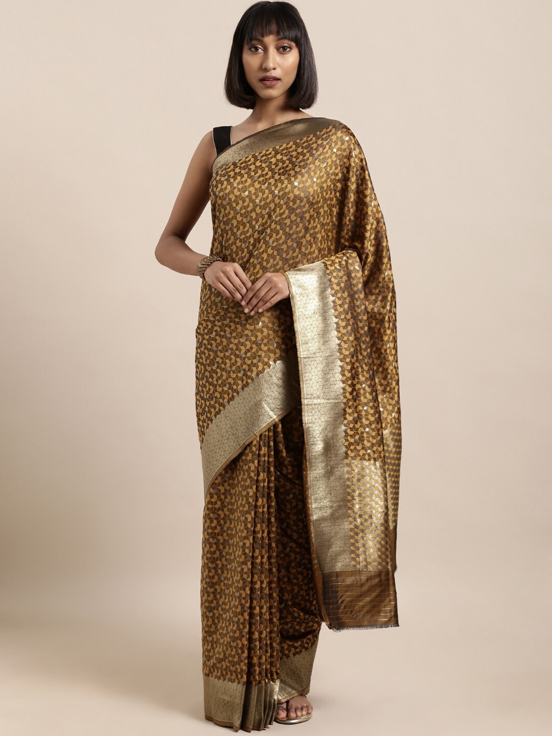 

KALINI Geometric Woven Design Zari Saree, Brown