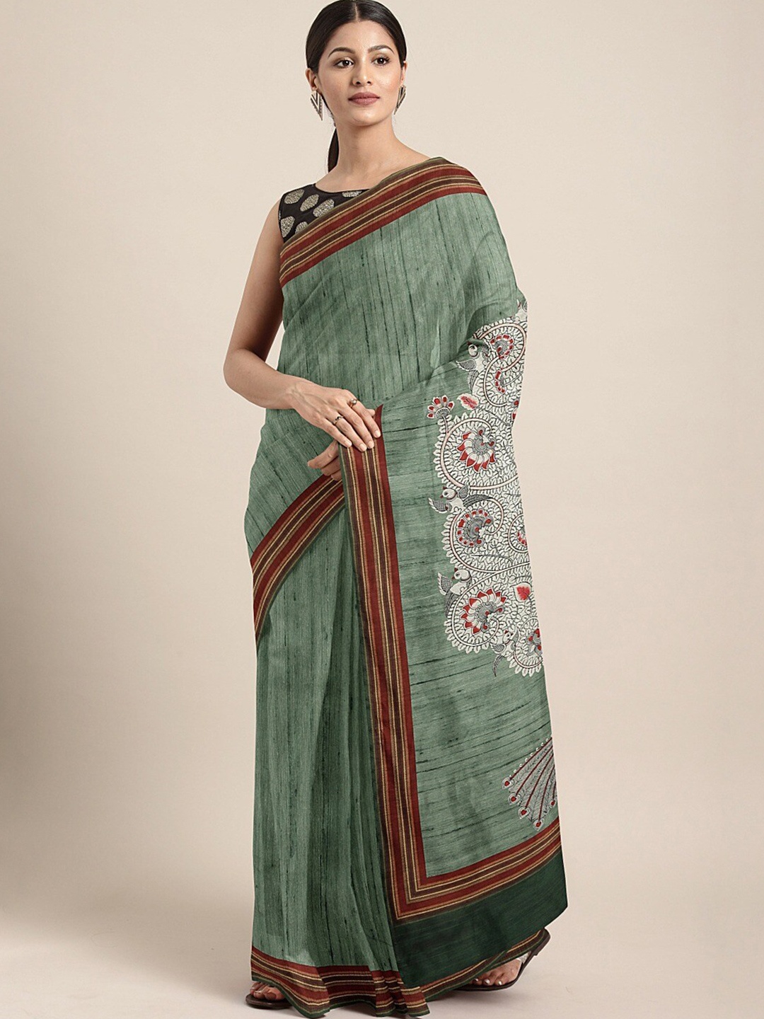

KALINI Striped Woven Design Saree, Green