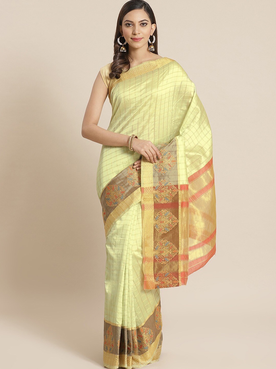 

KALINI Checked Woven Design Zari Saree, Green