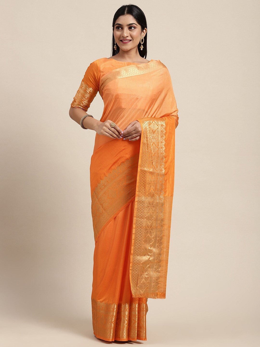 

KALINI Embellished Woven Design Zari Saree, Orange