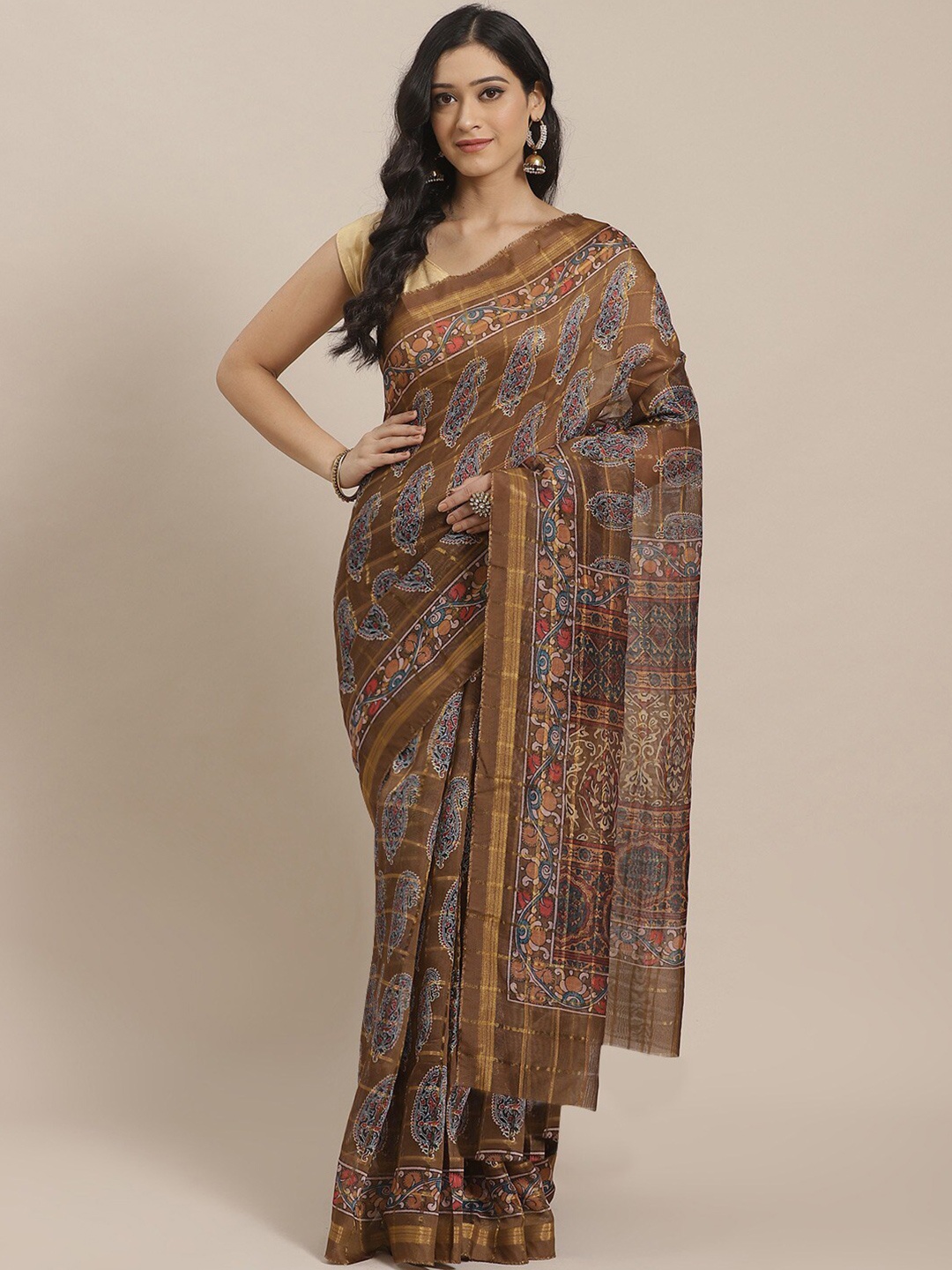 

KALINI Paisley Printed Zari Saree, Green