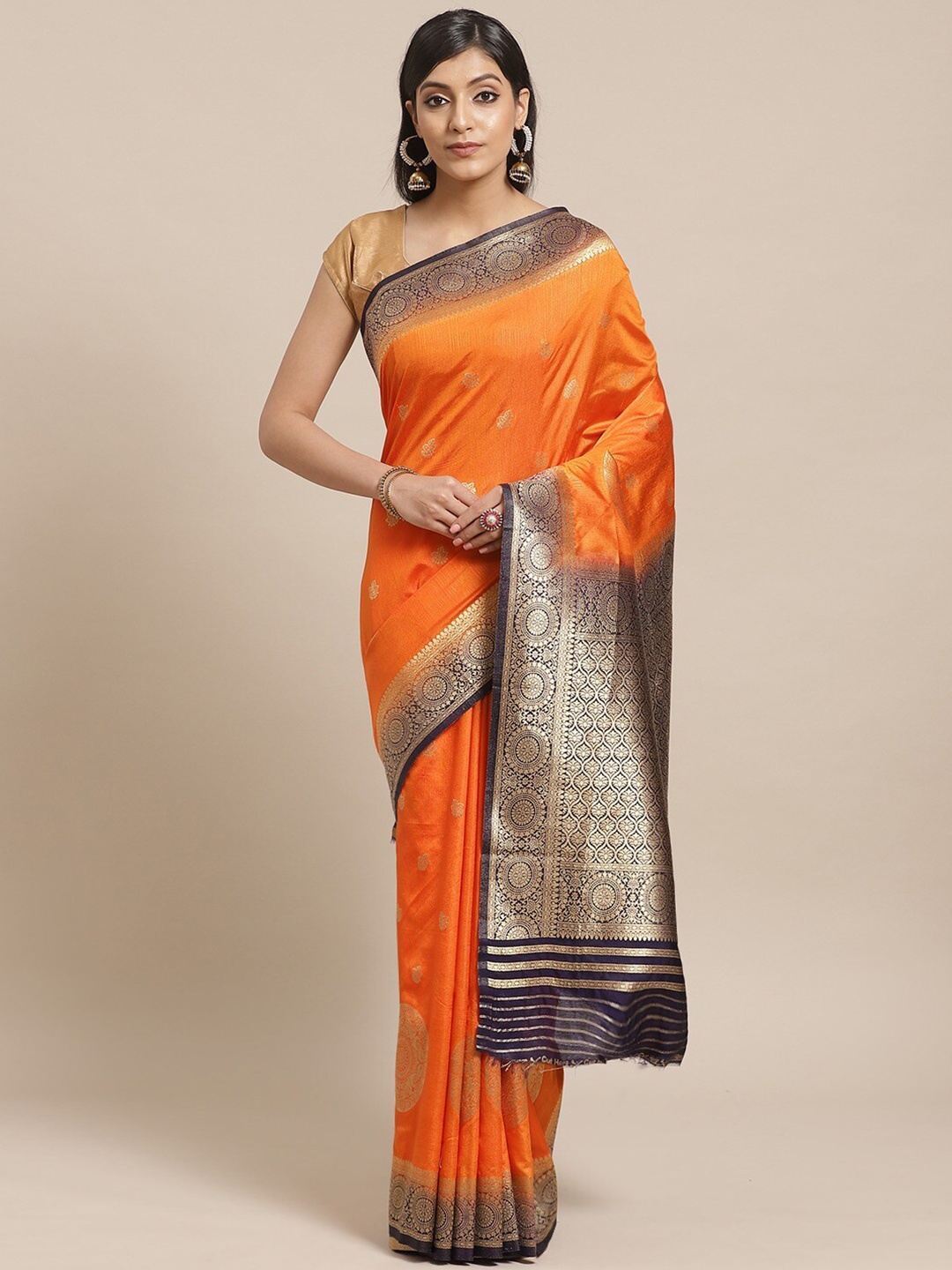 

KALINI Ethnic Motifs Woven Design Zari Saree, Orange