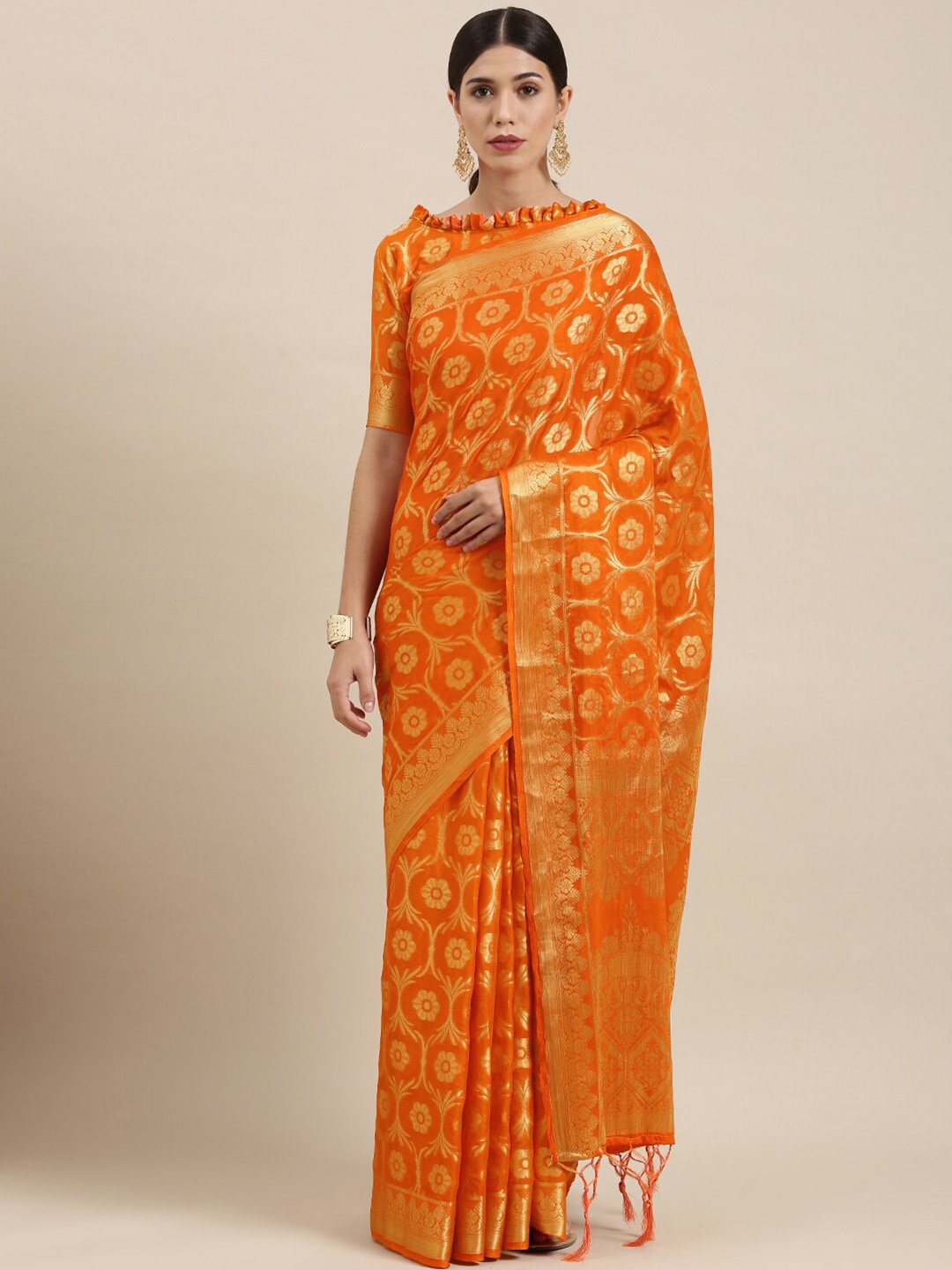 

KALINI Ethnic Motifs Woven Design Zari Saree, Orange