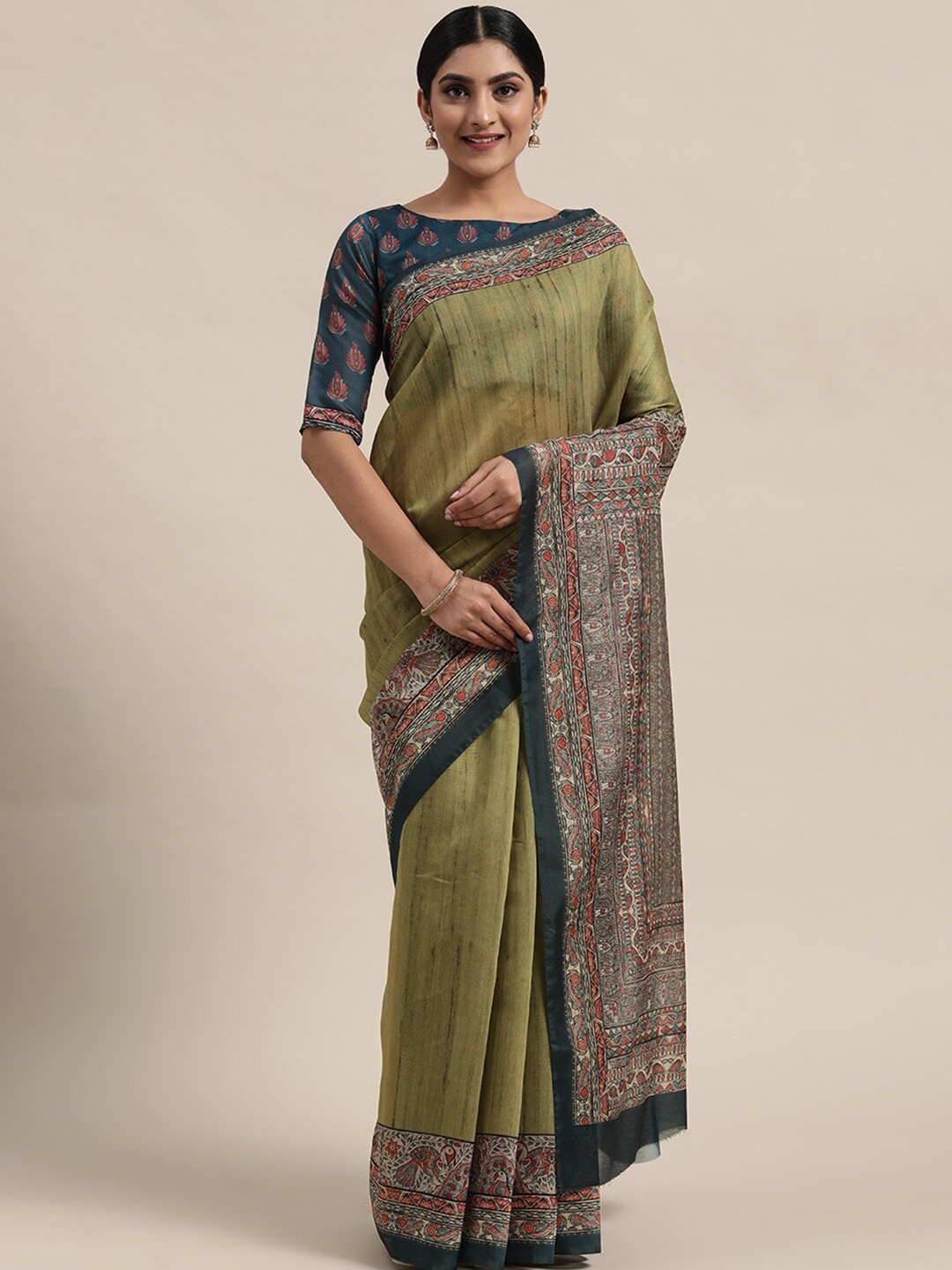 

KALINI Ethnic Motifs Printed Zari Saree, Green