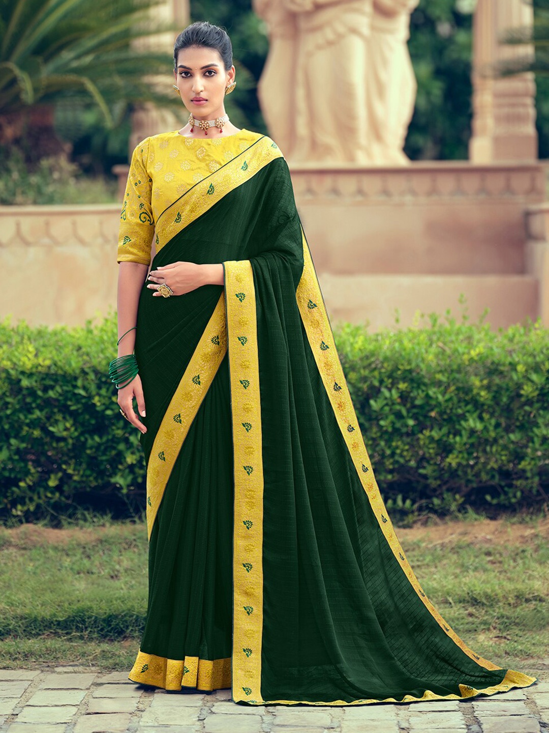 

KALINI Ethnic Motifs Embroidered Pure Chiffon Saree, Green