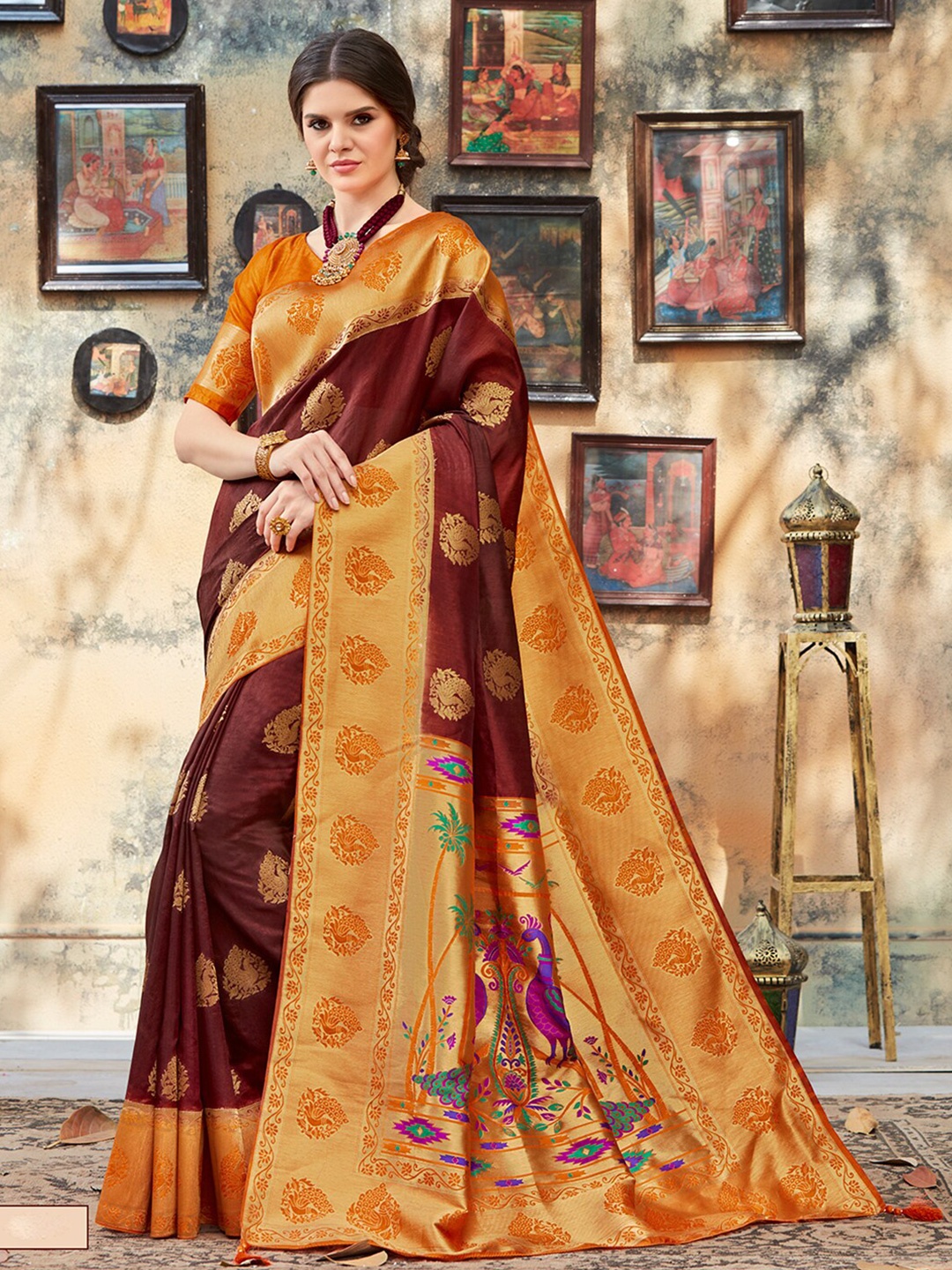 

KALINI Ethnic Motifs Woven Design Zari Art Silk Saree, Brown