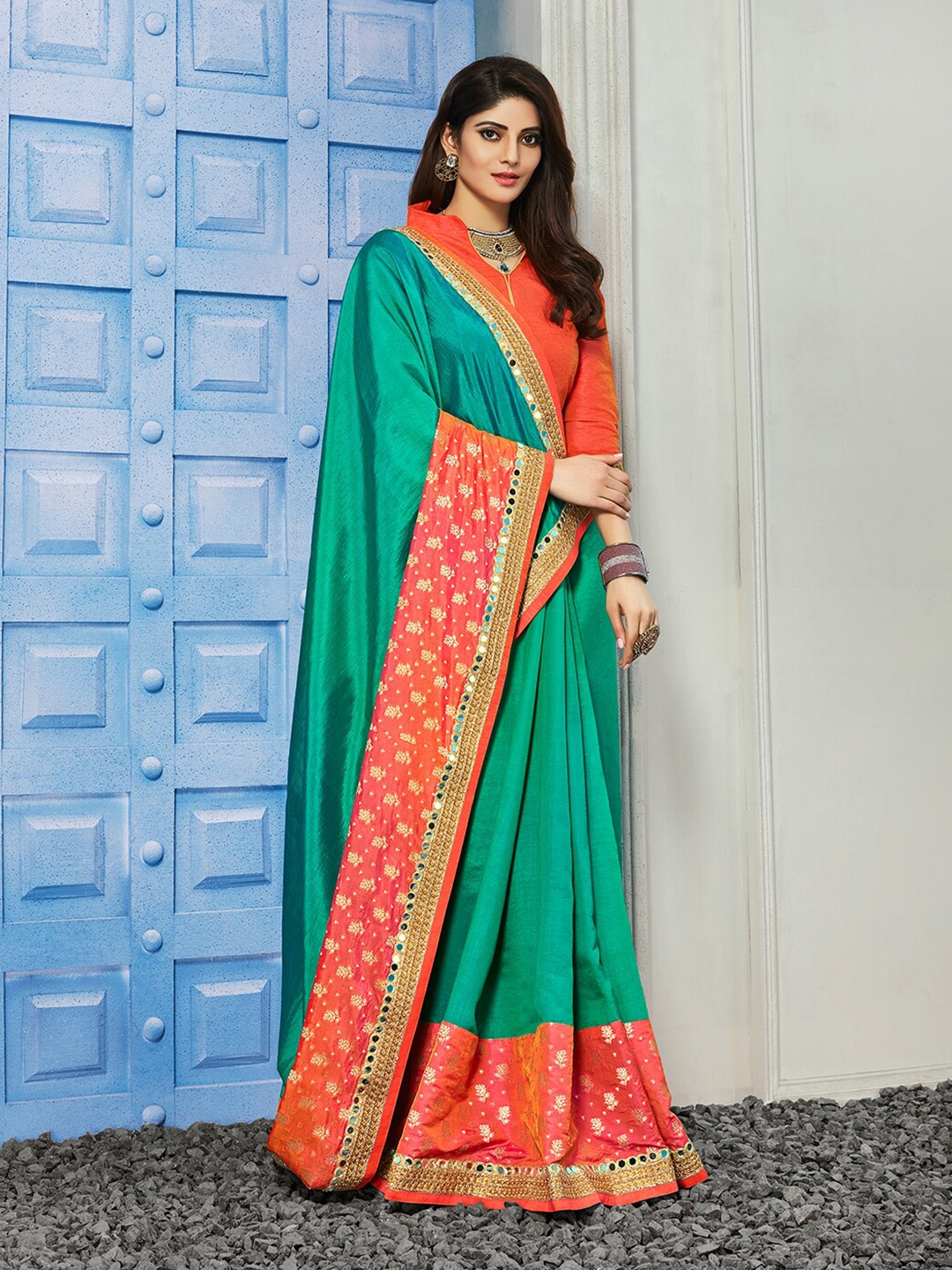 

KALINI Ethnic Motifs Woven Design Zari Saree, Teal