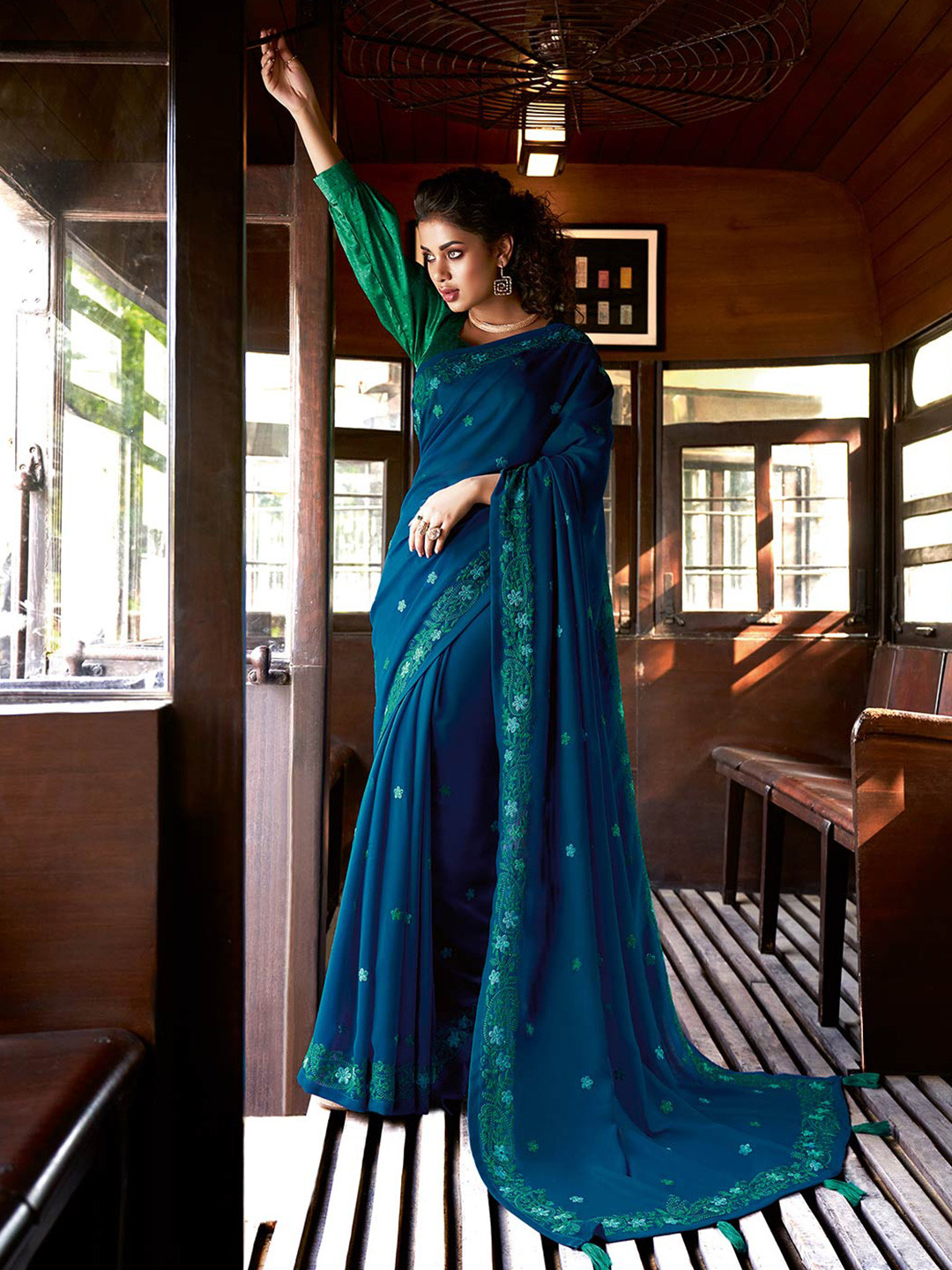 

KALINI Floral Embroidered Zari Pure Chiffon Saree, Blue