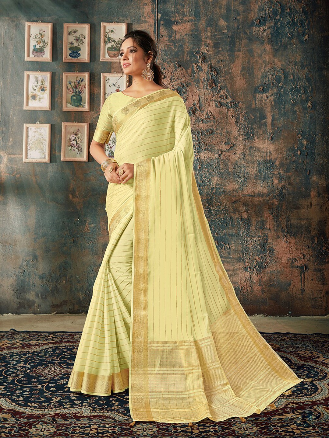 

KALINI Striped Woven Design Zari Saree, Yellow