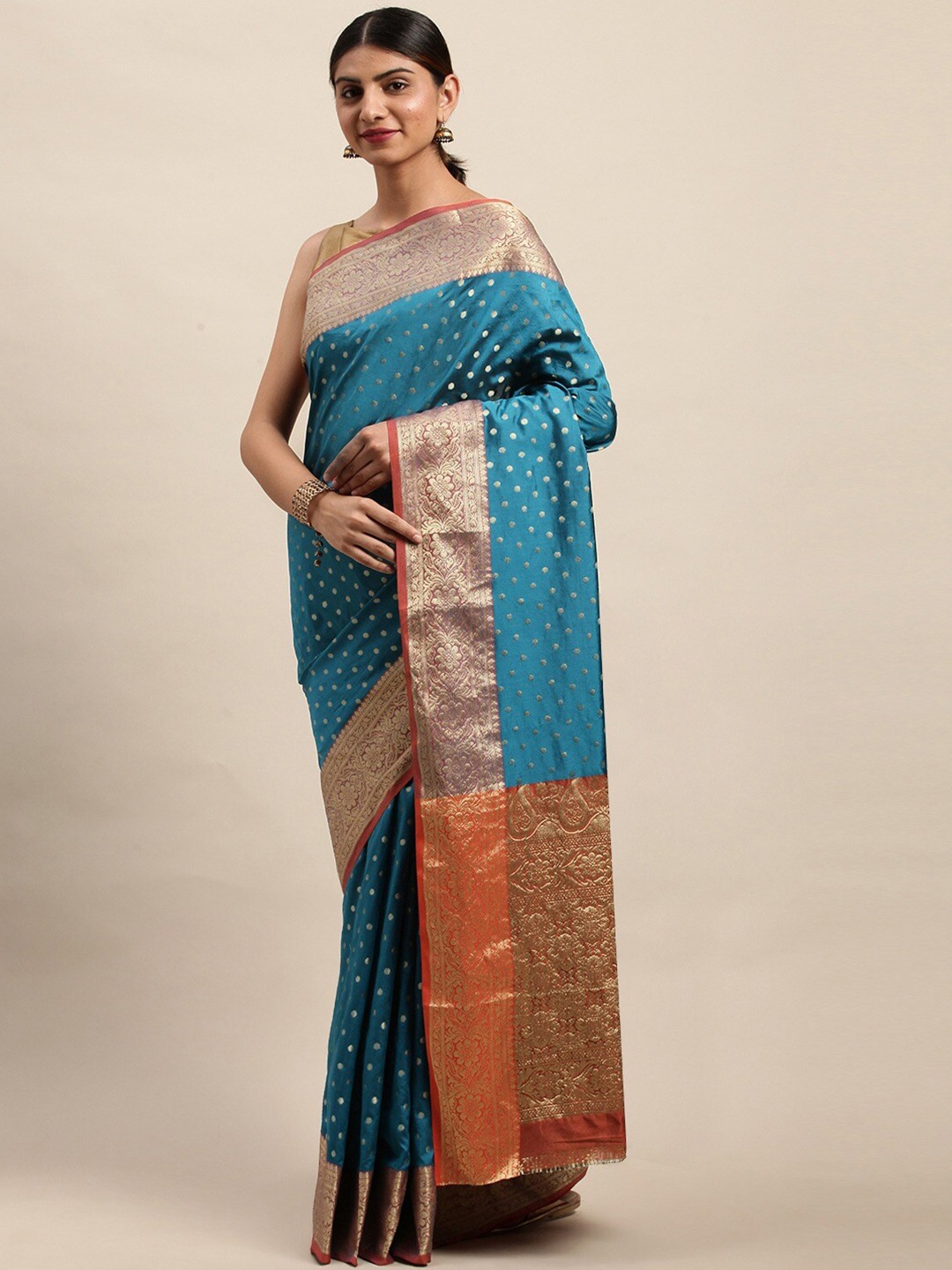 

KALINI Ethnic Motifs Woven Design Zari Saree, Turquoise blue