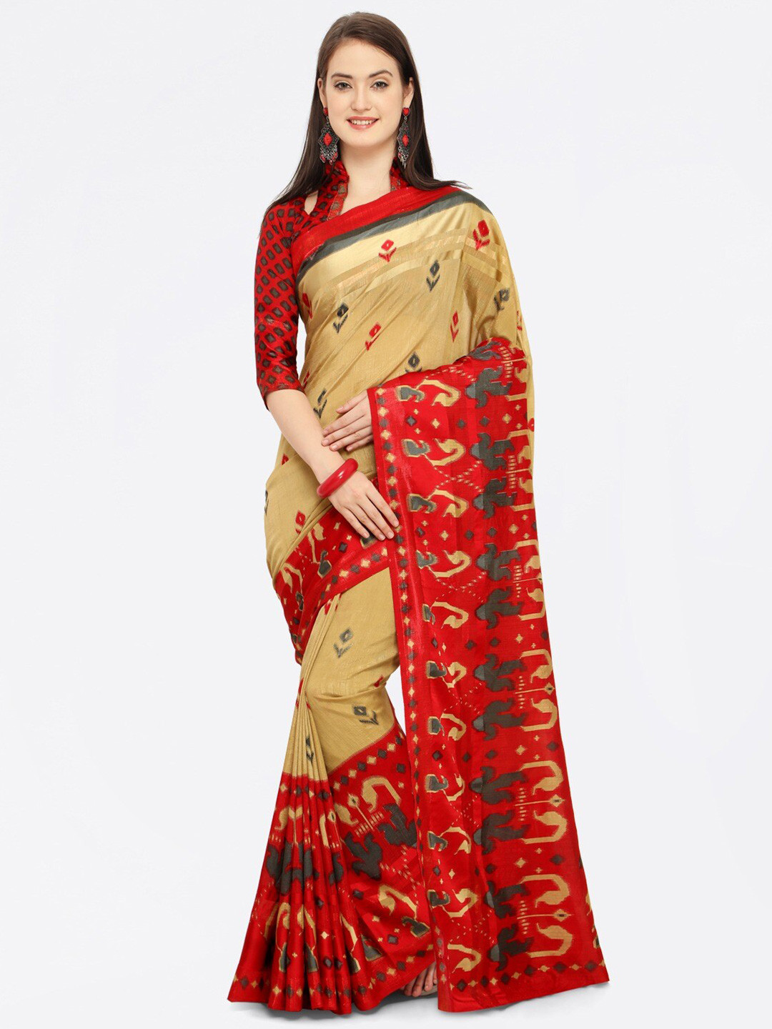 

KALINI Ethnic Motifs Printed Zari Art Silk Saree, Red