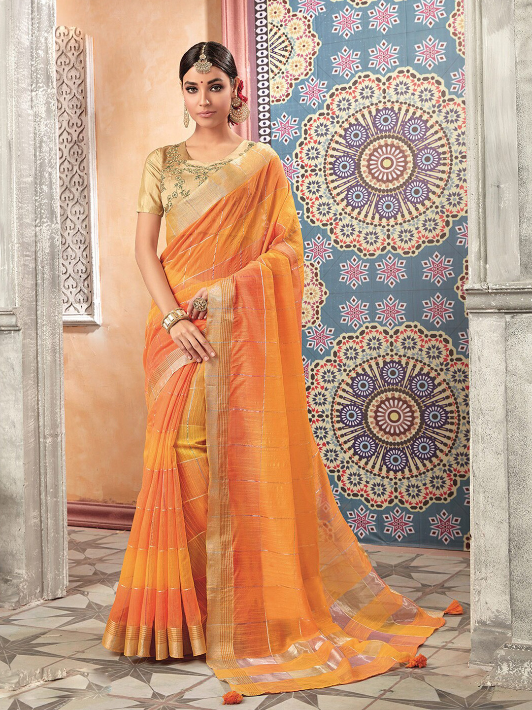 

KALINI Ethnic Motifs Woven Design Zari Pure Linen Saree, Orange