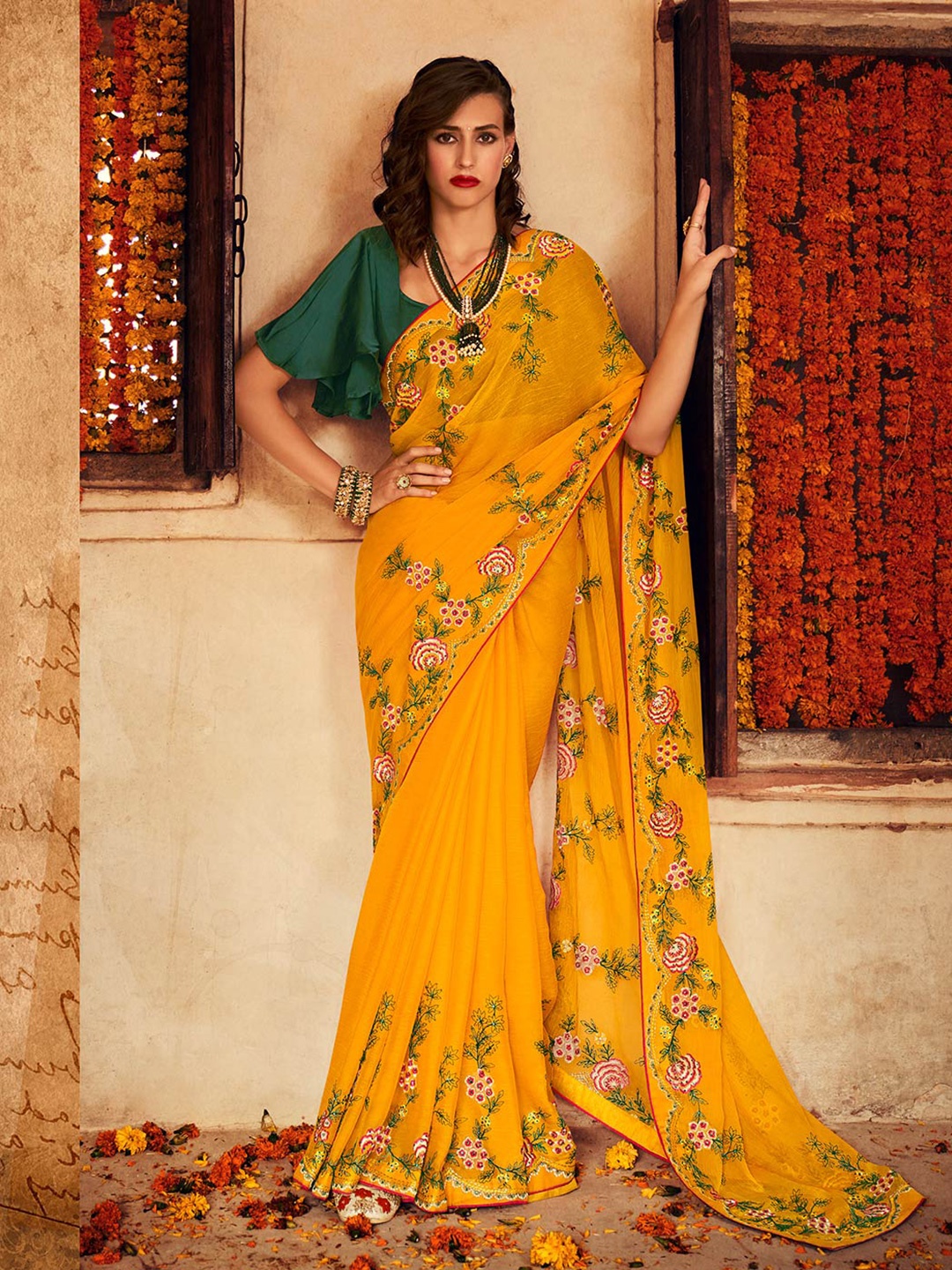 

KALINI Floral Embroidered Pure Chiffon Saree, Yellow