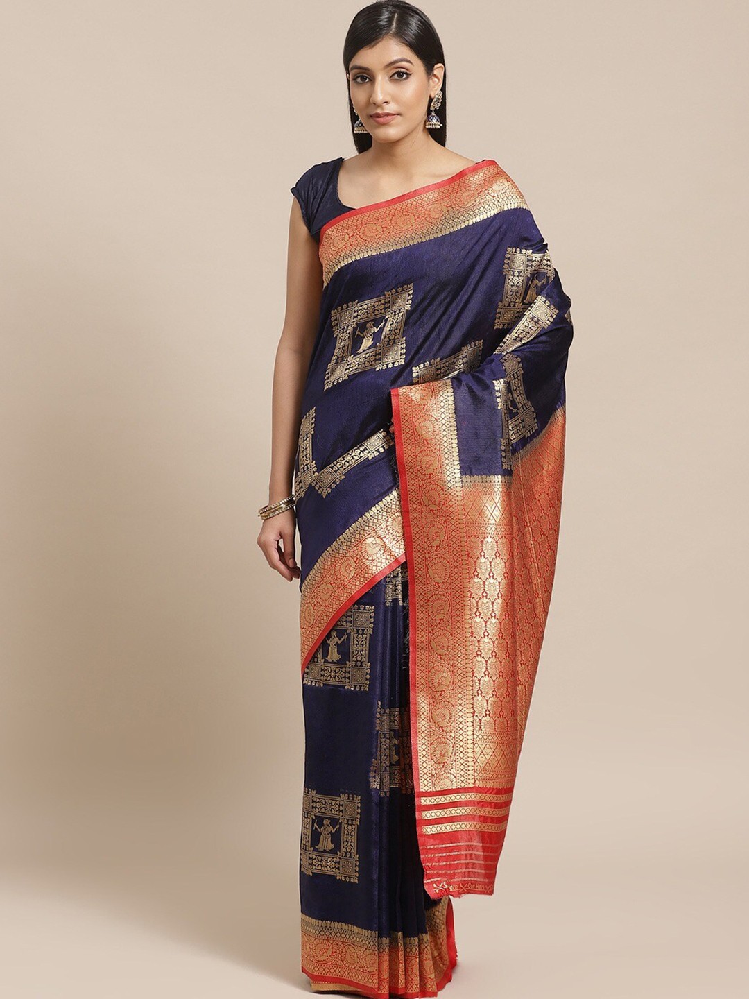 

KALINI Ethnic Motifs Woven Design Zari Saree, Navy blue