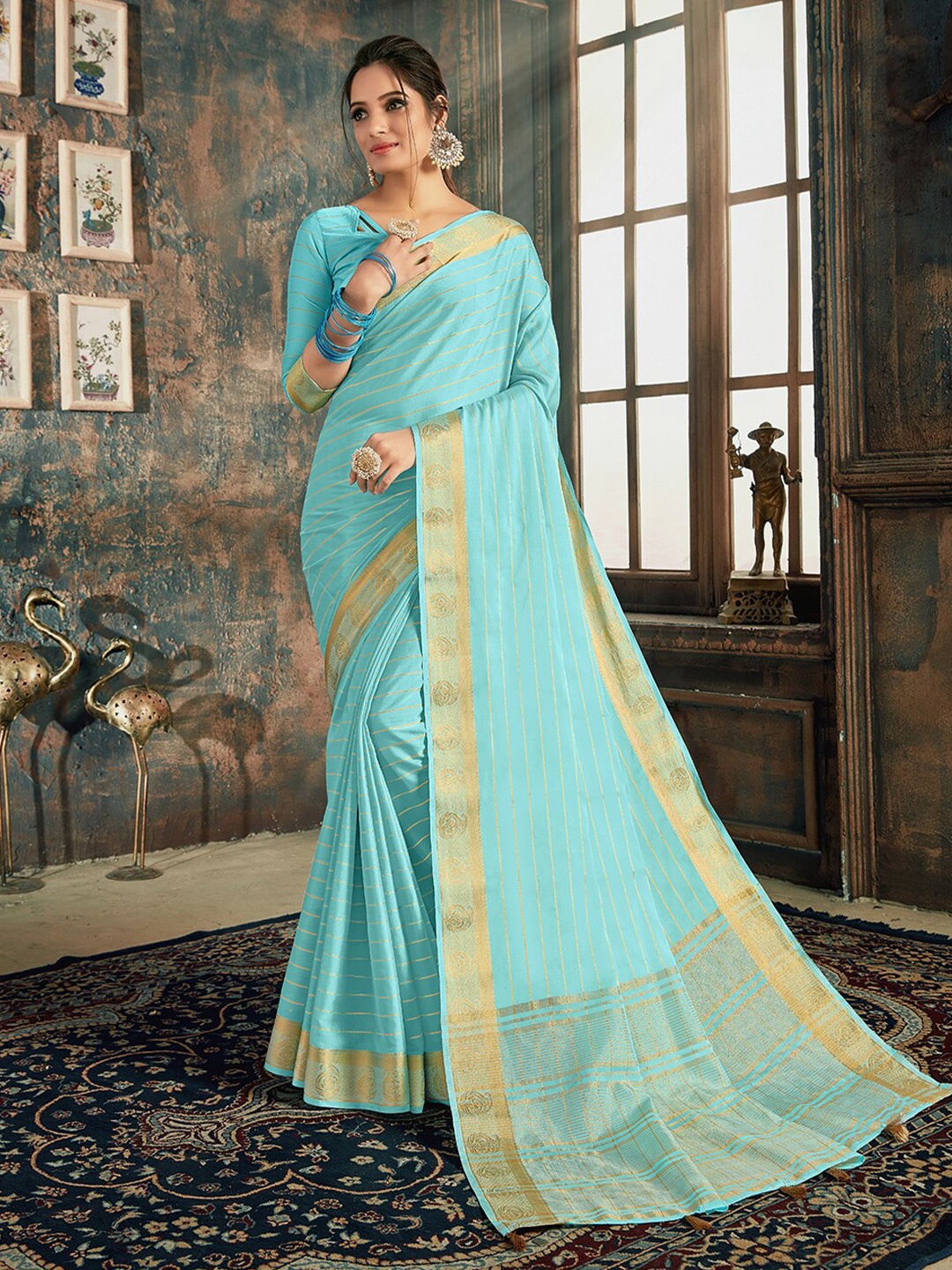 

KALINI Ethnic Motifs Woven Design Zari Saree, Blue