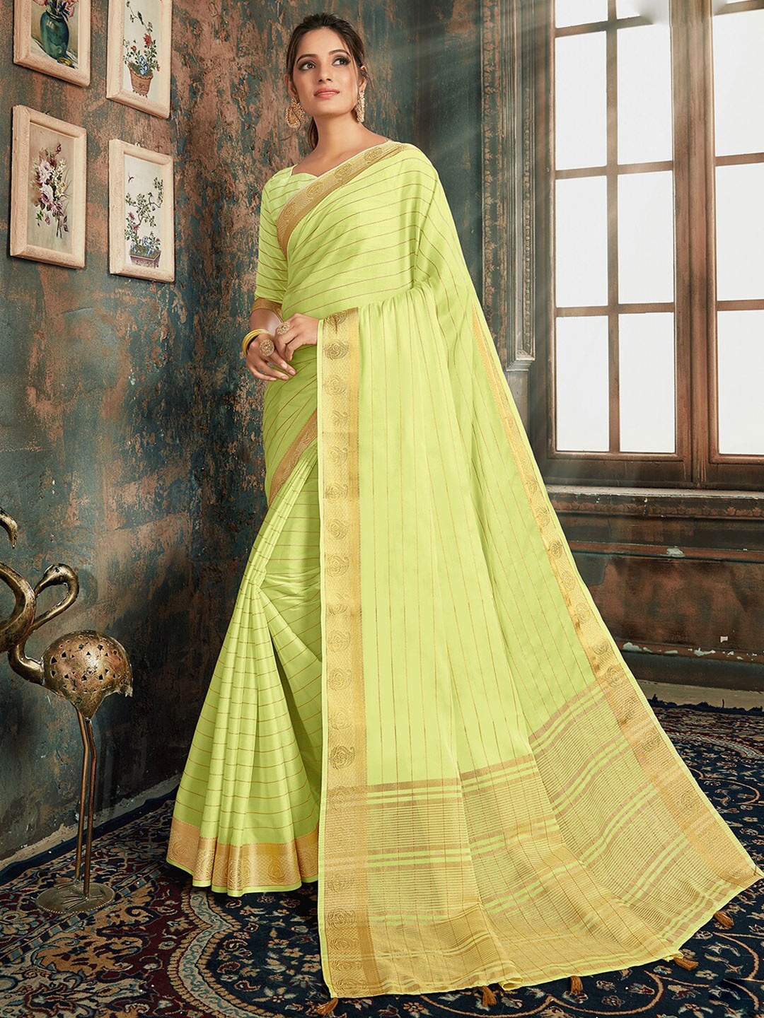 

KALINI Striped Woven Design Zari Saree, Green