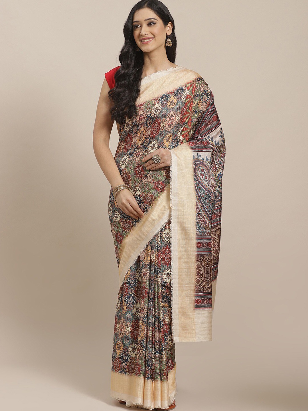 KALINI Paisley Printed Zari Saree, Brown