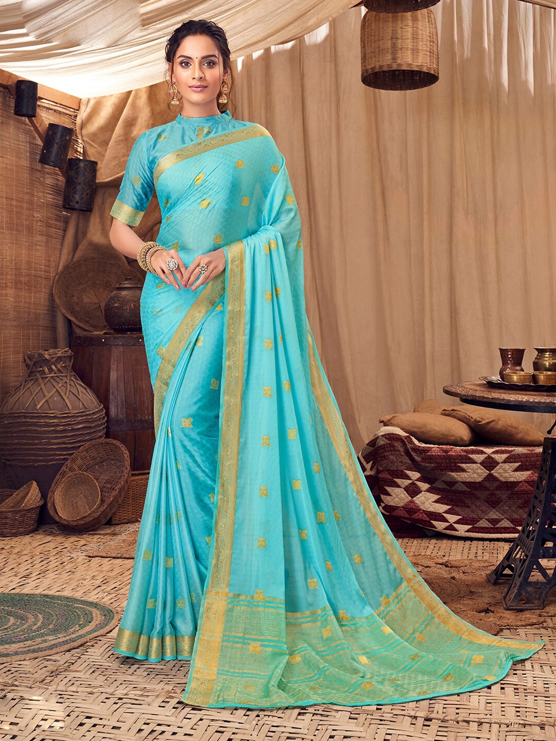 

KALINI Floral Woven Design Zari Art Silk Saree, Blue