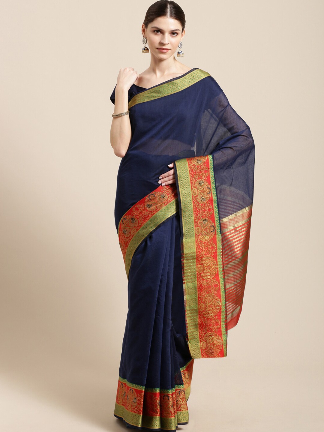 

KALINI Zari Cotton Silk Kanjeevaram Saree, Navy blue