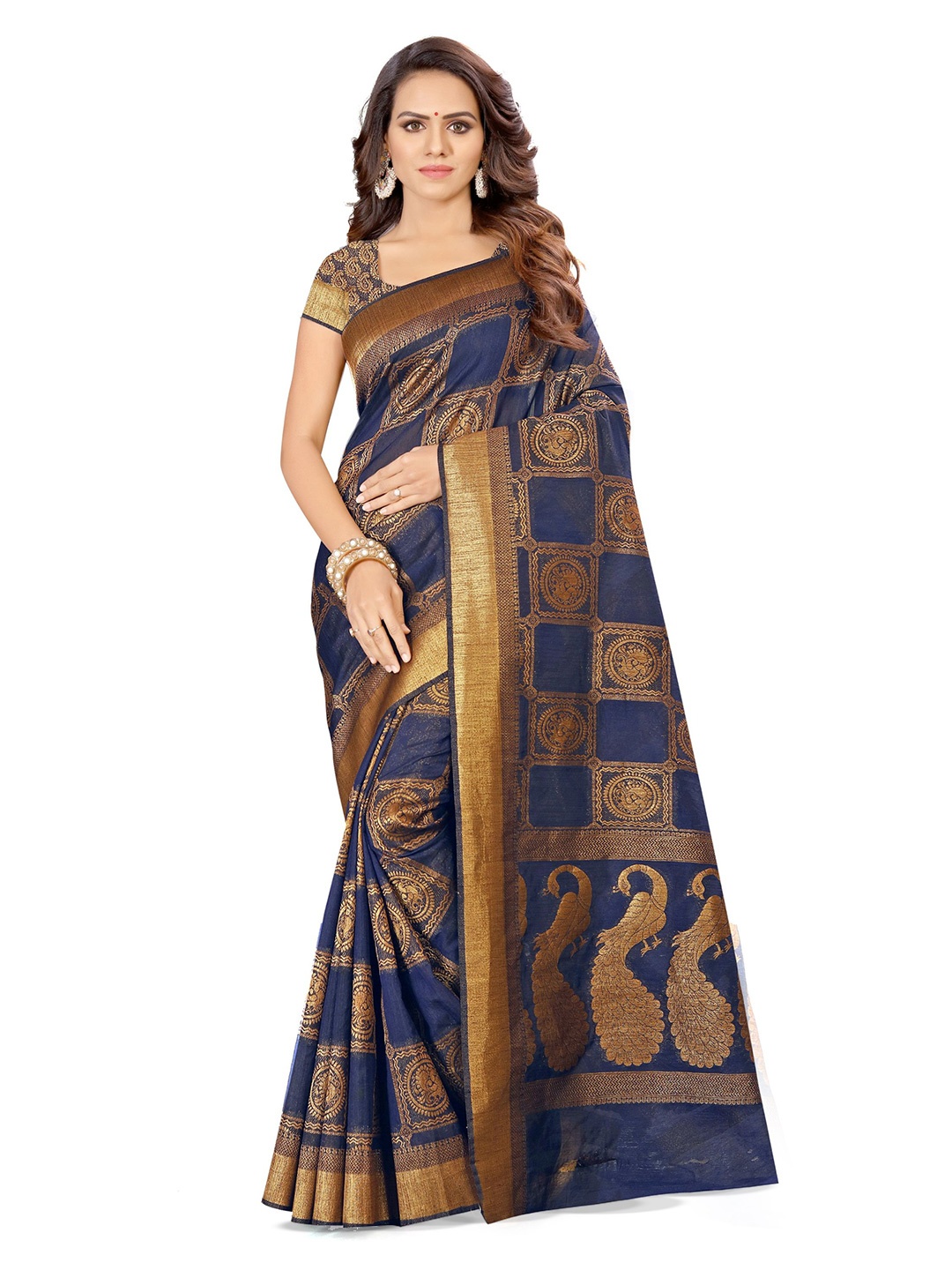 

KALINI Woven Design Zari Silk Blend Saree, Navy blue