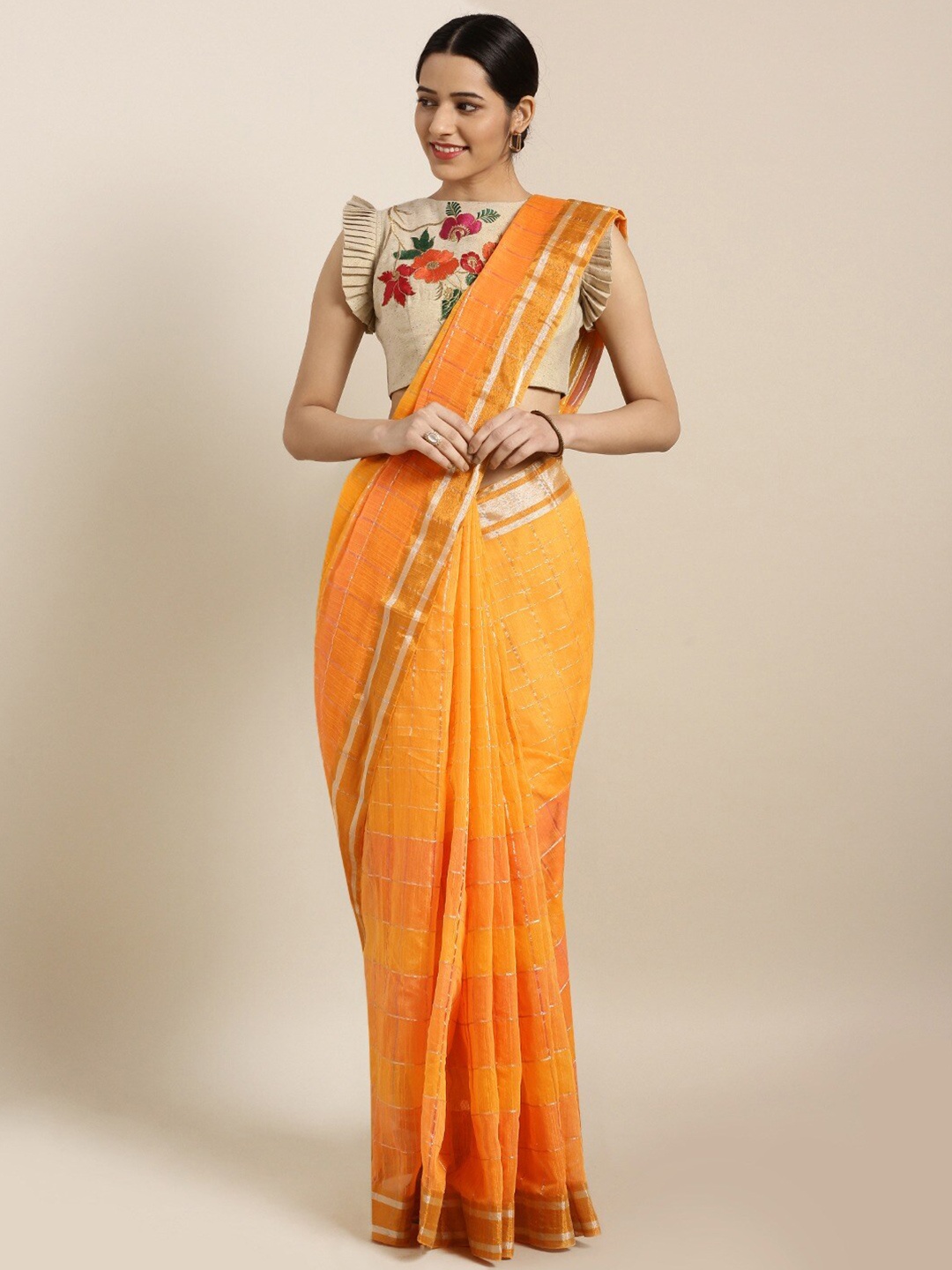 

KALINI Checked Woven Design Zari Pure Linen Saree, Mustard