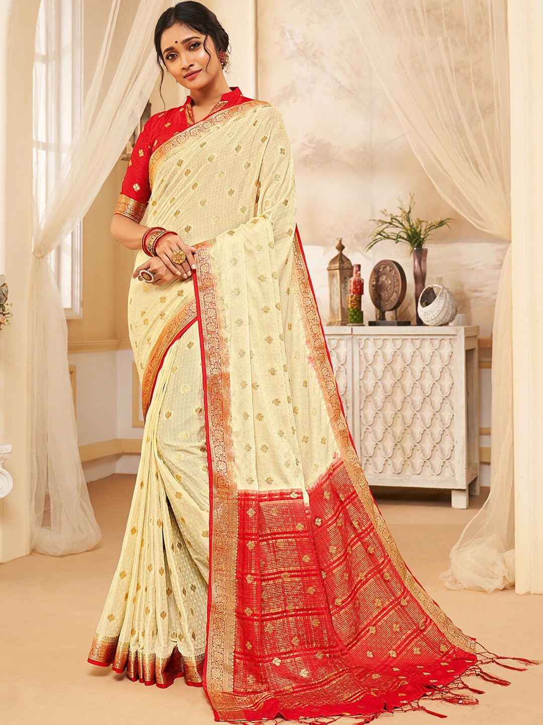 

KALINI Ethnic Motifs Woven Design Zari Saree, Peach