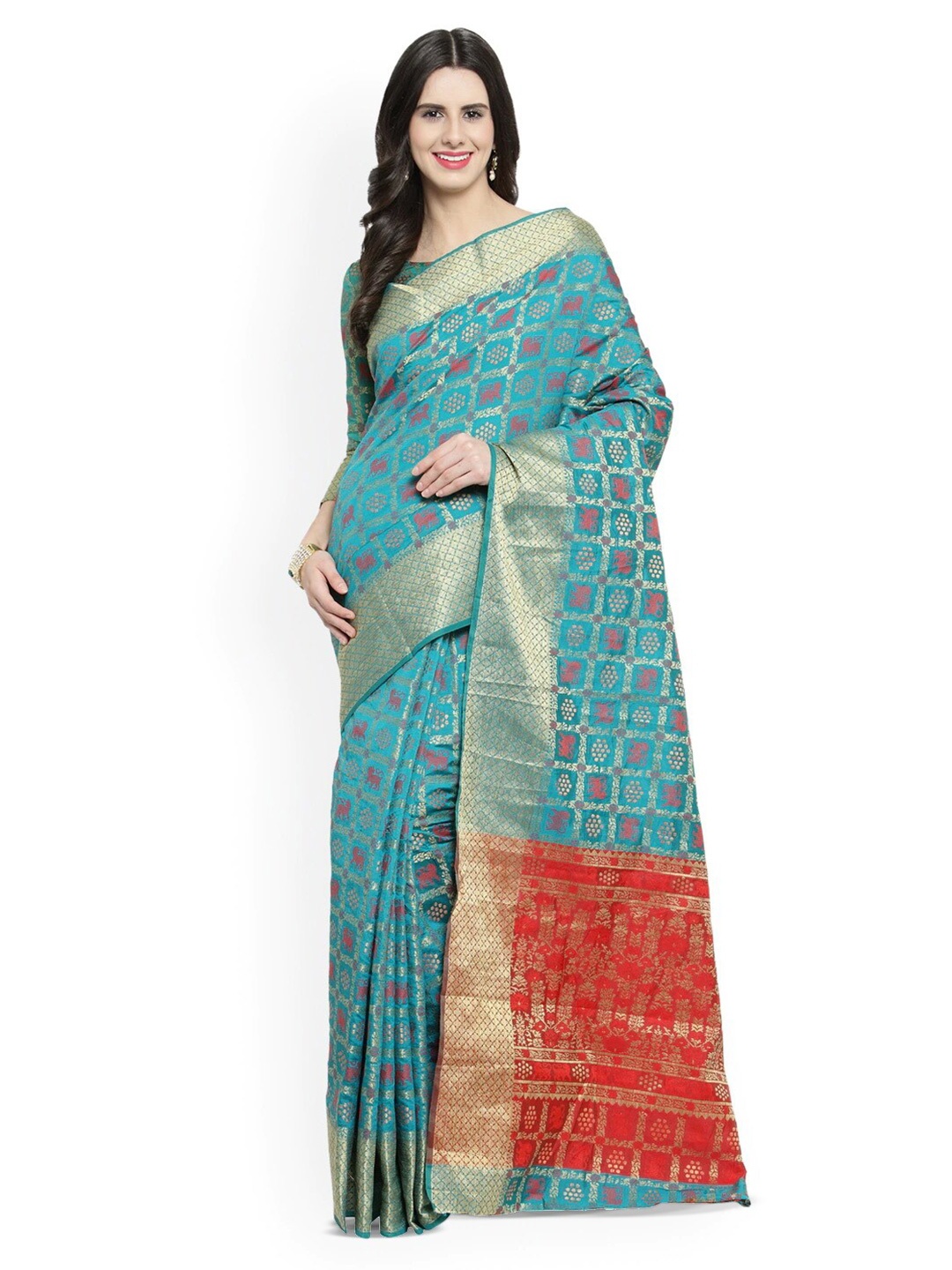 

KALINI Ethnic Motifs Woven Design Zari Saree, Teal