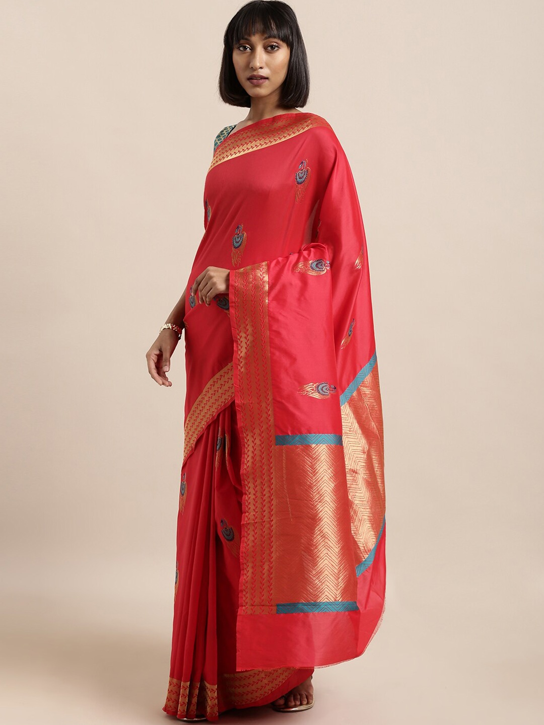 

KALINI Ethnic Motifs Woven Design Zari Kanjeevaram Saree, Red