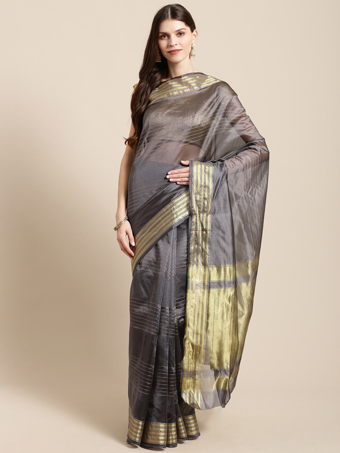 

KALINI Striped Woven Design Zari Saree, Grey