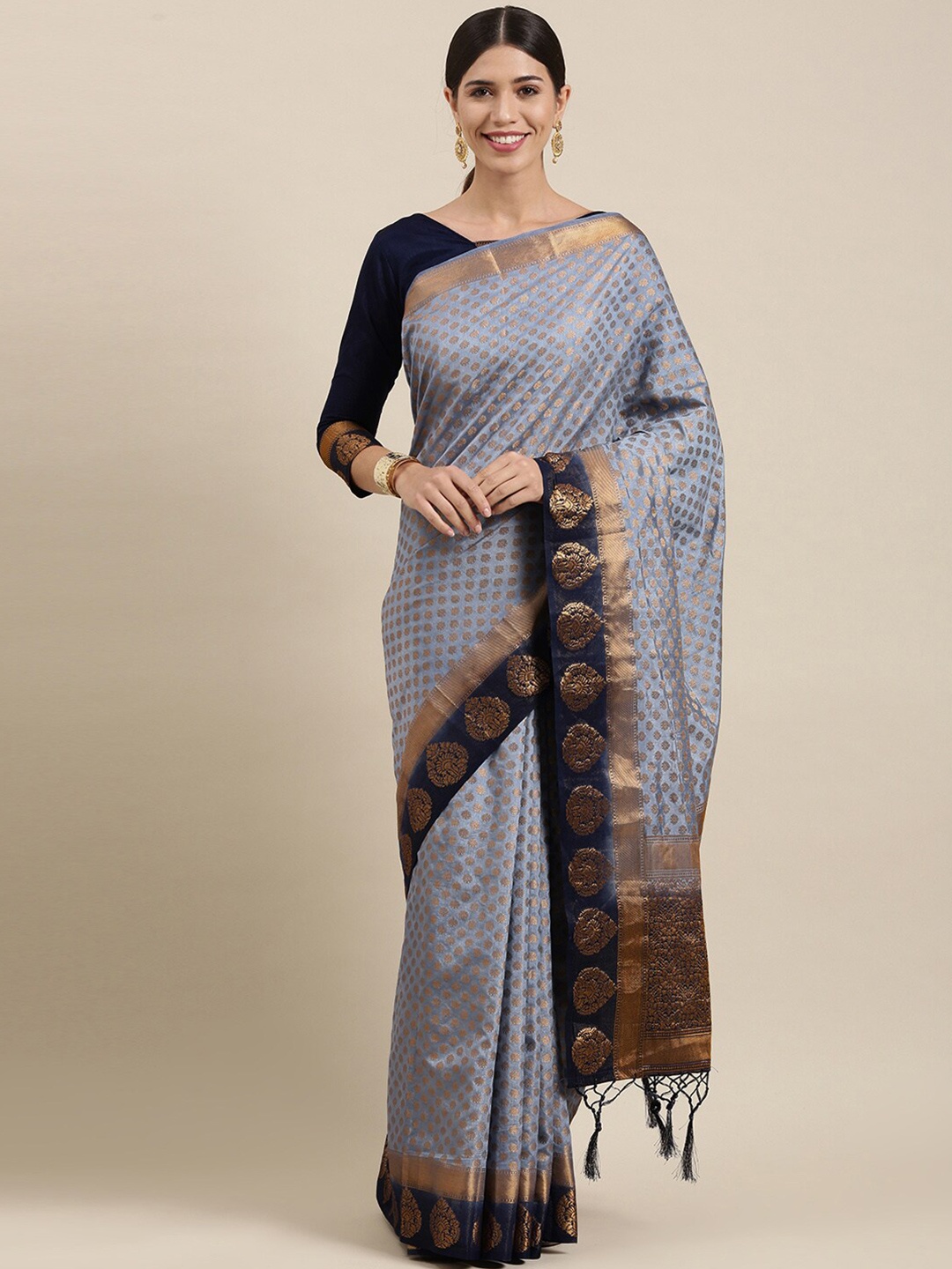 

KALINI Ethnic Motifs Woven Design Zari Saree, Grey