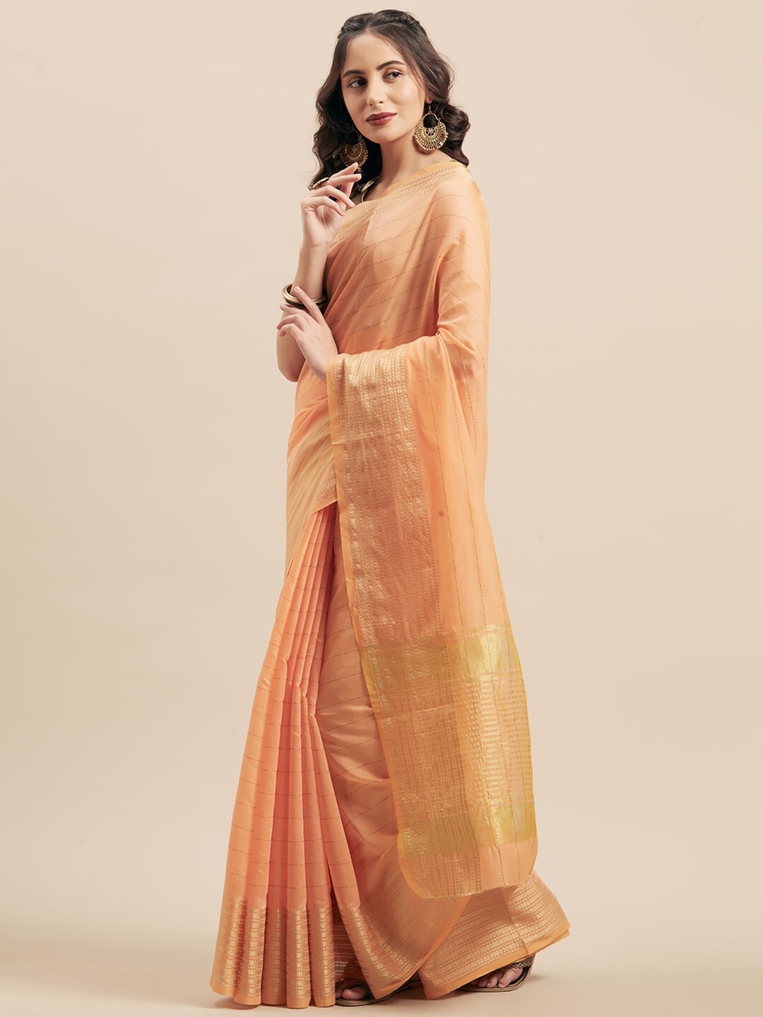 

KALINI Striped Woven Design Zari Silk Cotton Saree, Peach