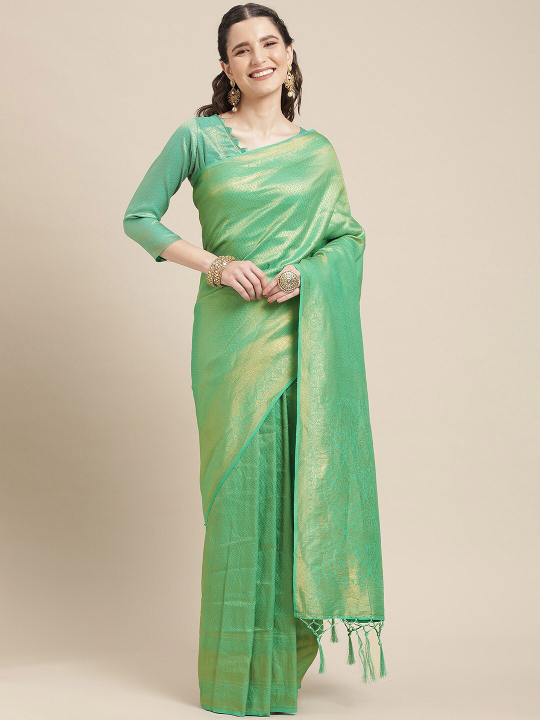 

KALINI Ethnic Motifs Woven Design Zari Saree, Green