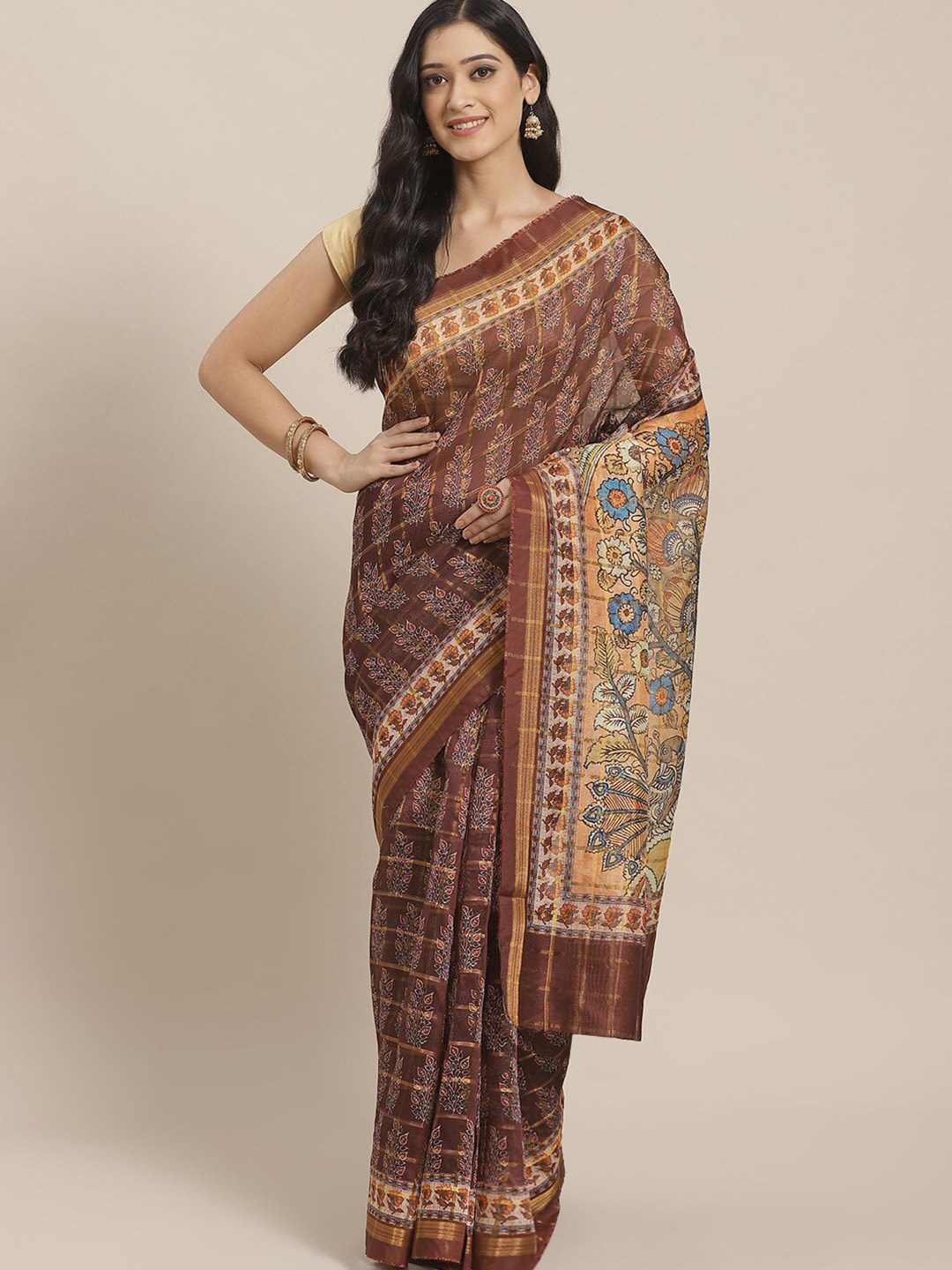 

KALINI Ethnic Motifs Printed Zari Saree, Burgundy