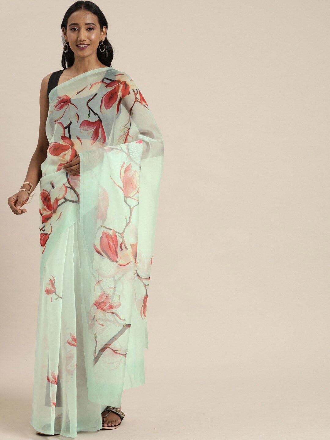 

KALINI Floral Printed Organza Saree, Green