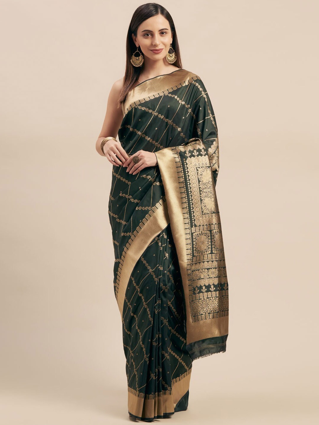 

KALINI CheckedWoven Design Zari Saree, Green