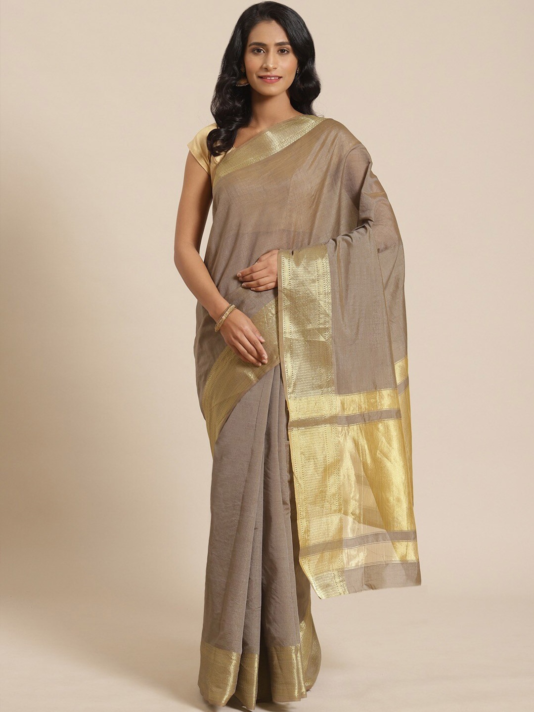 

KALINI Woven Design Zari Silk Blend Saree, Brown