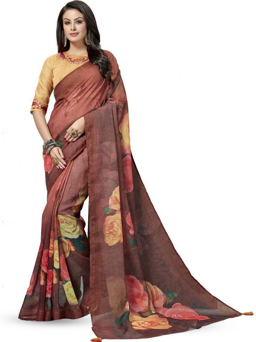 

KALINI Floral Printed Saree, Brown