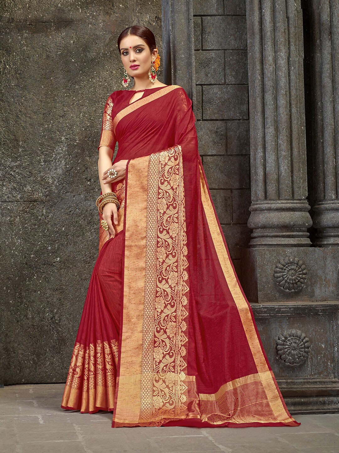 

KALINI Woven Design Zari Pure Linen Saree, Maroon