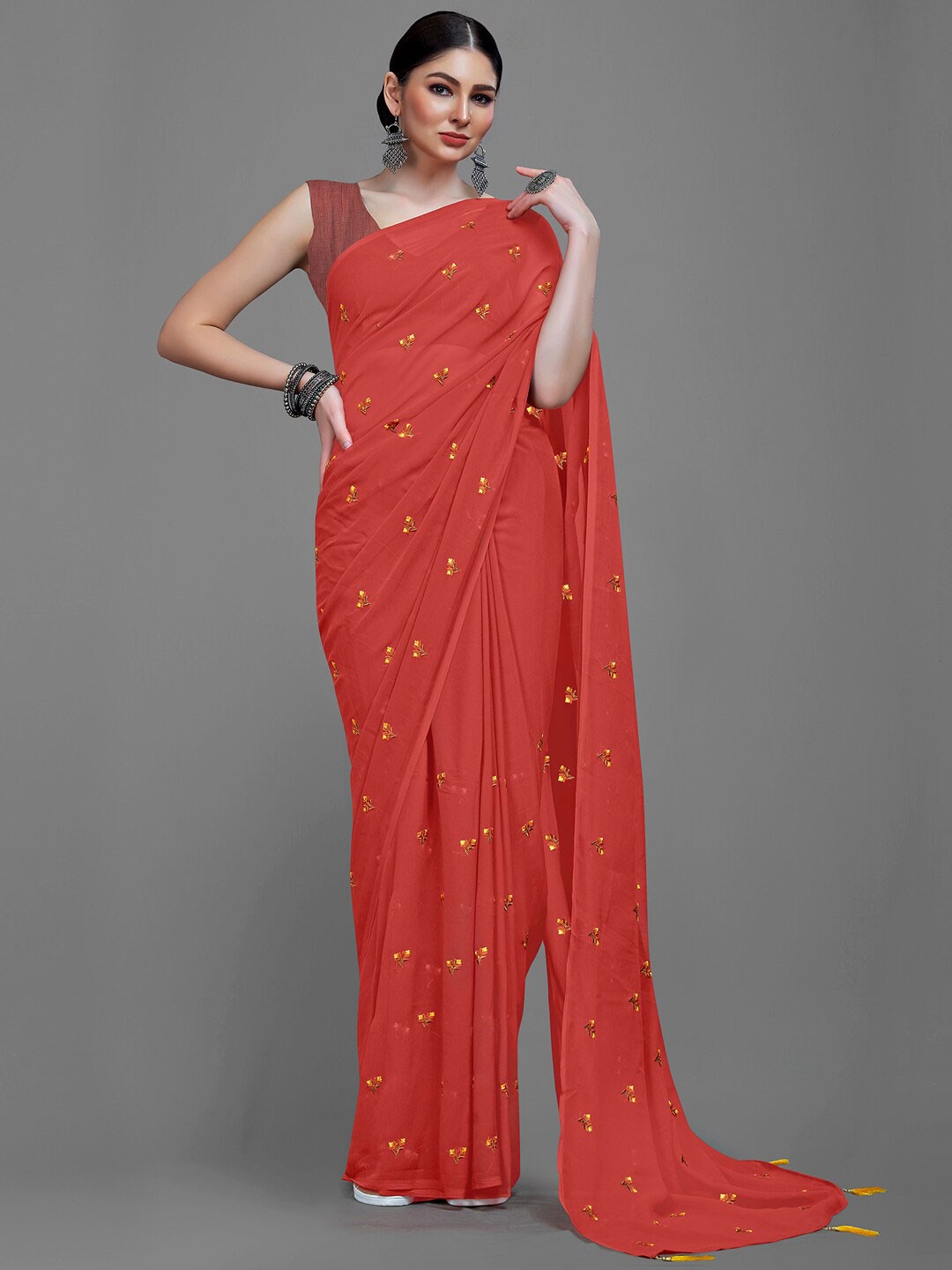 

KALINI Floral Embroidered Saree, Rust
