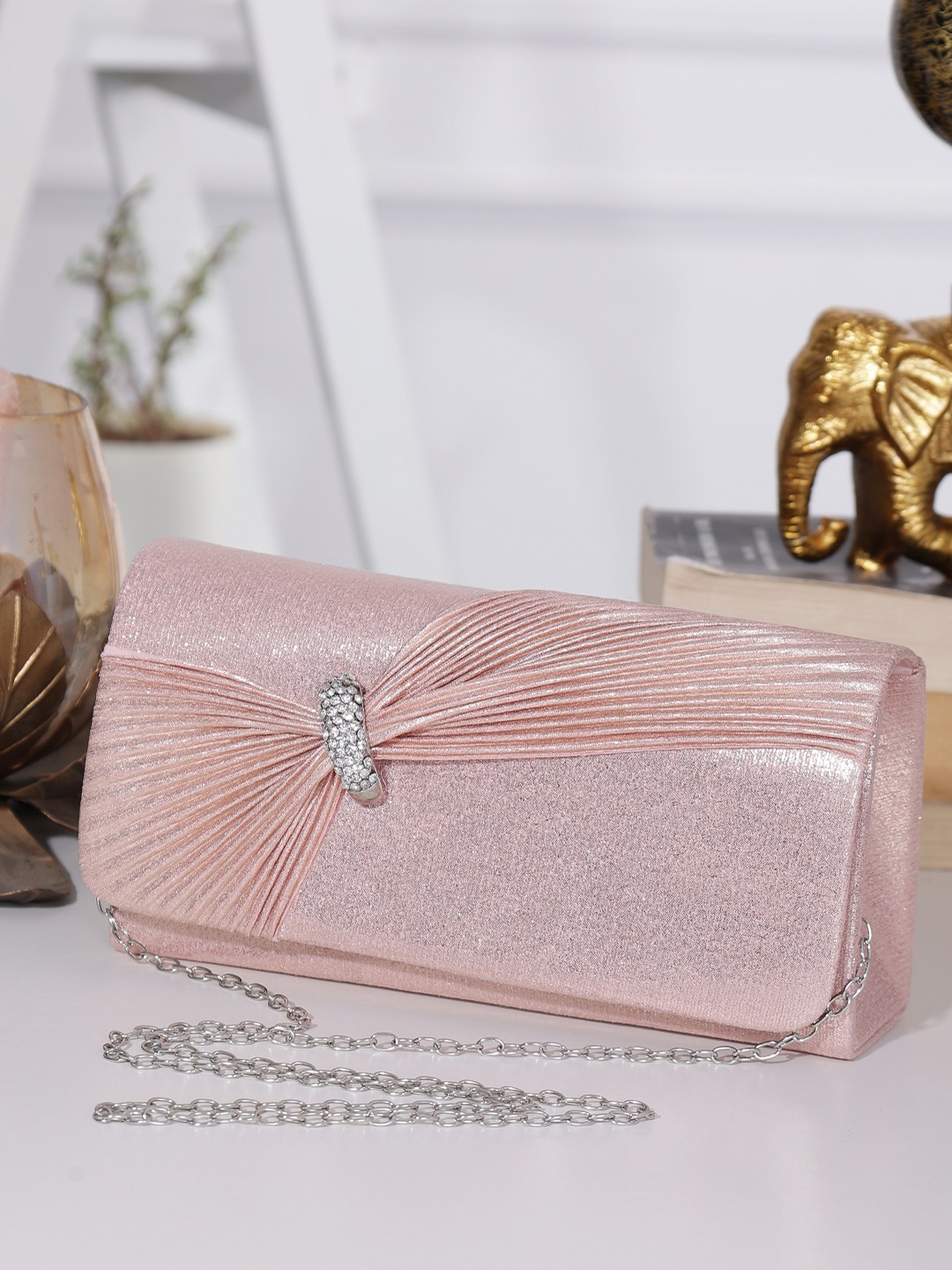 

ZEVORA Embellished Foldover Clutch, Peach