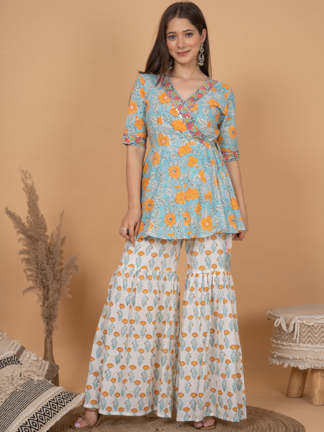 

Lirose Ethnic Motifs Printed V-Neck Angrakha Sequinned Pure Cotton Kurti Set With Dupatta, White