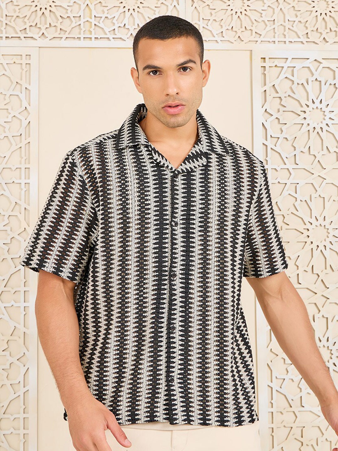 

Styli Striped Resort Collar Relaxed Knit Shirt, Black