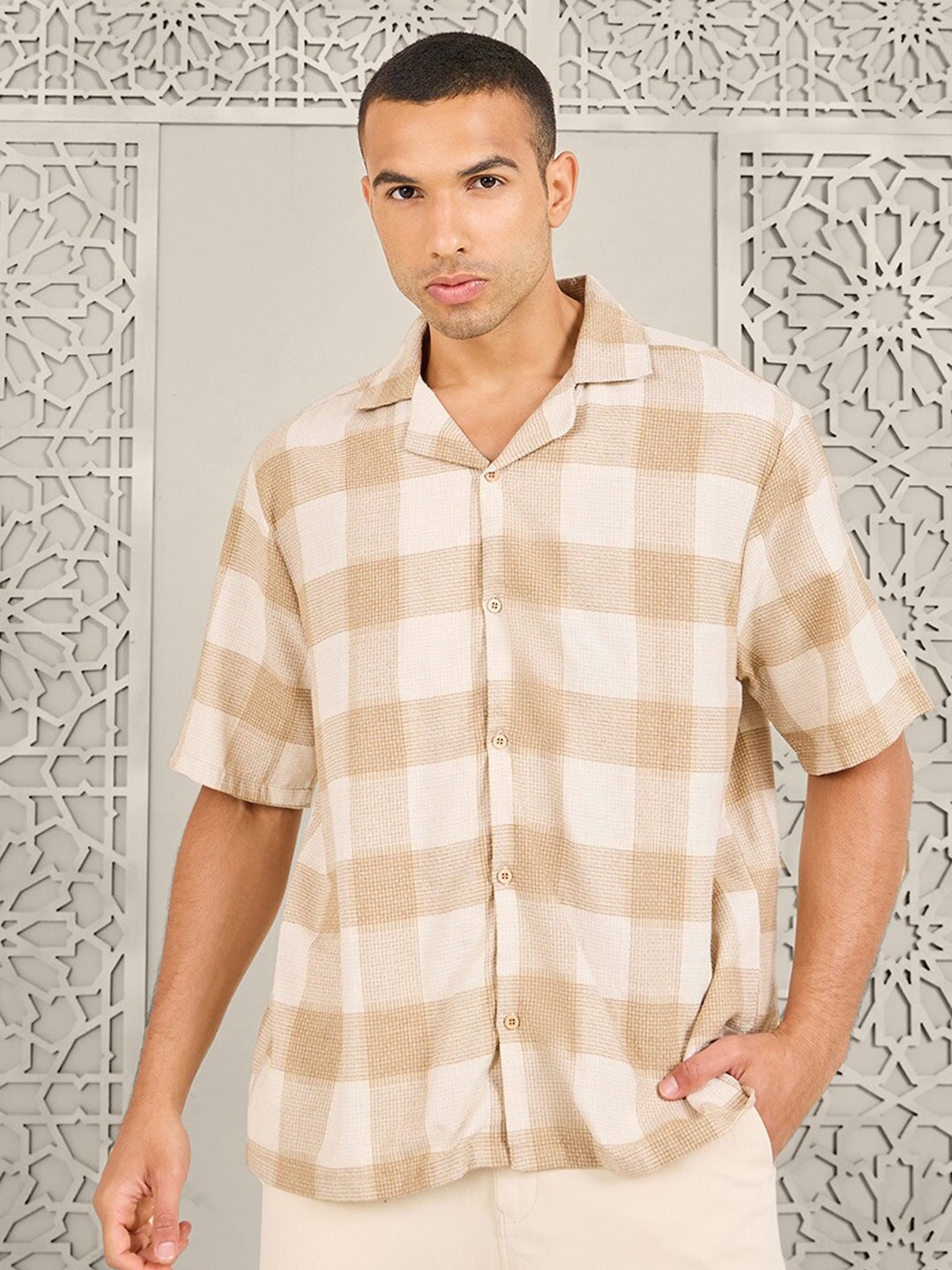 

Styli Checkered Resort Collar Relaxed Knit Shirt, Beige