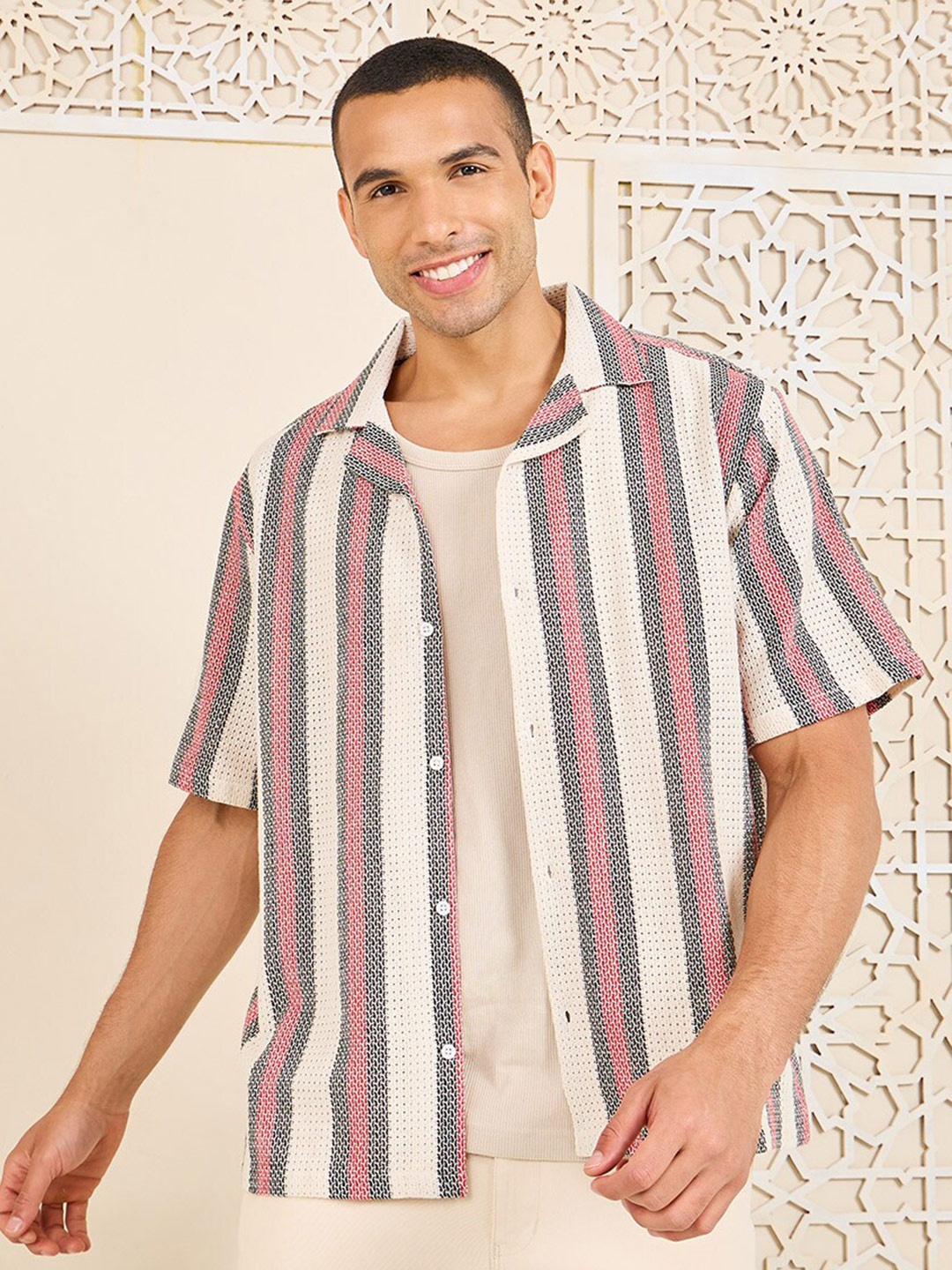 

Styli Cotton Striped Resort Collar Relaxed Knit Shirt, Beige