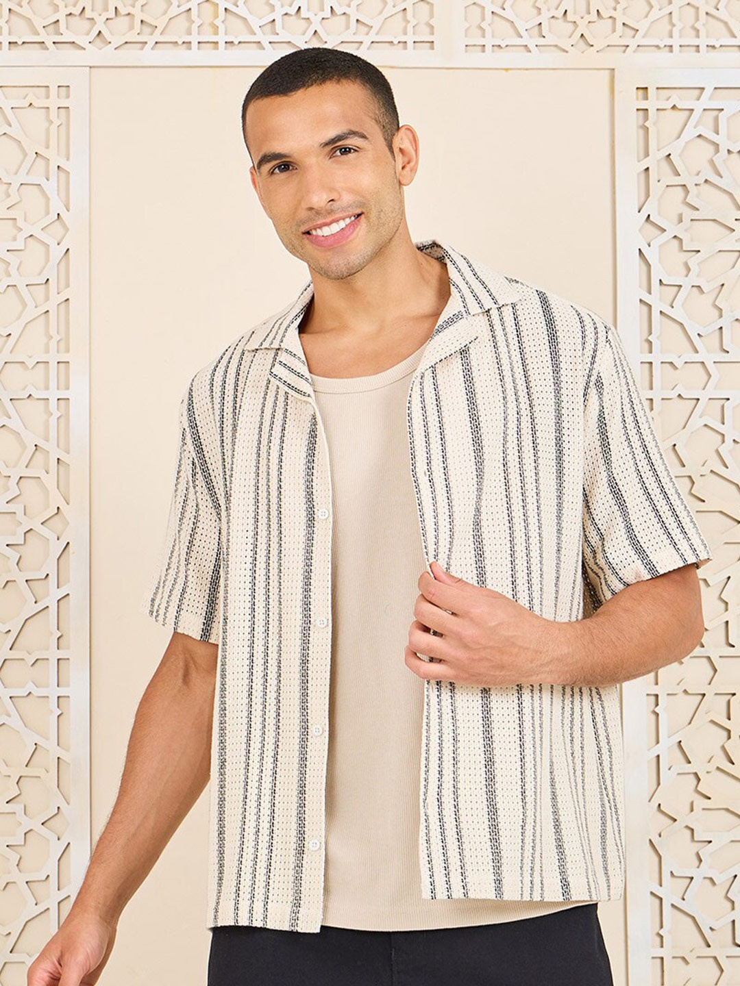 

Styli Cotton Striped Resort Collar Relaxed Knit Shirt, Beige