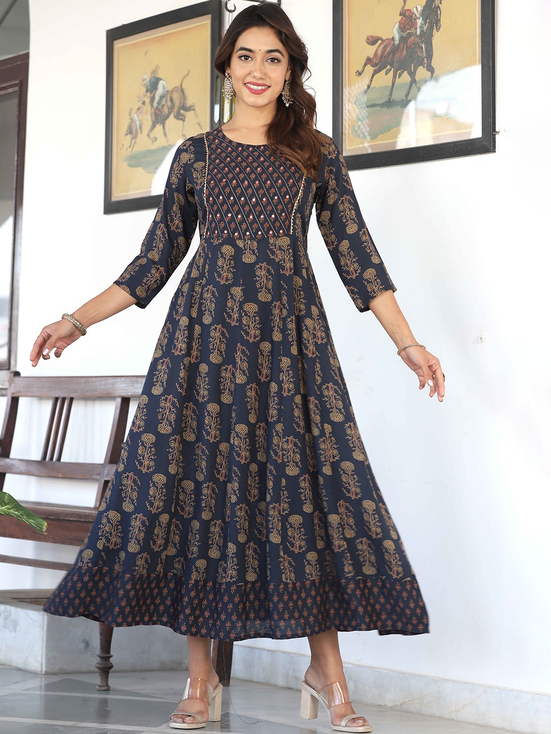 

KALINI Ethnic Motifs Printed Round Neck Anarkali Kurta, Blue