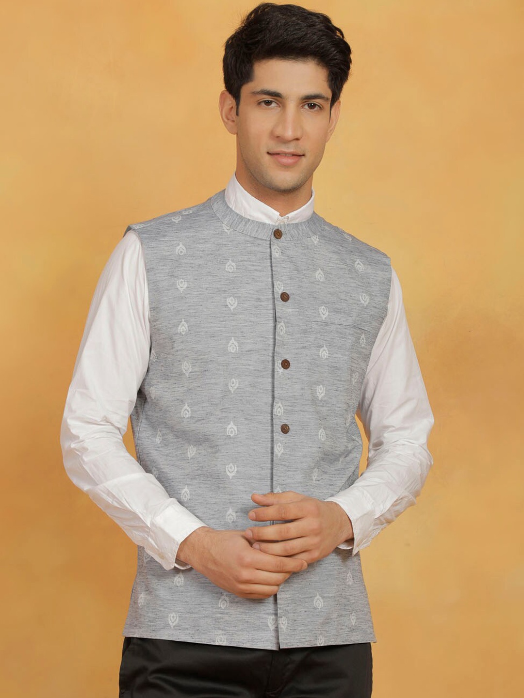 

VASTRAMAY Woven Design Nehru Jacket, Grey